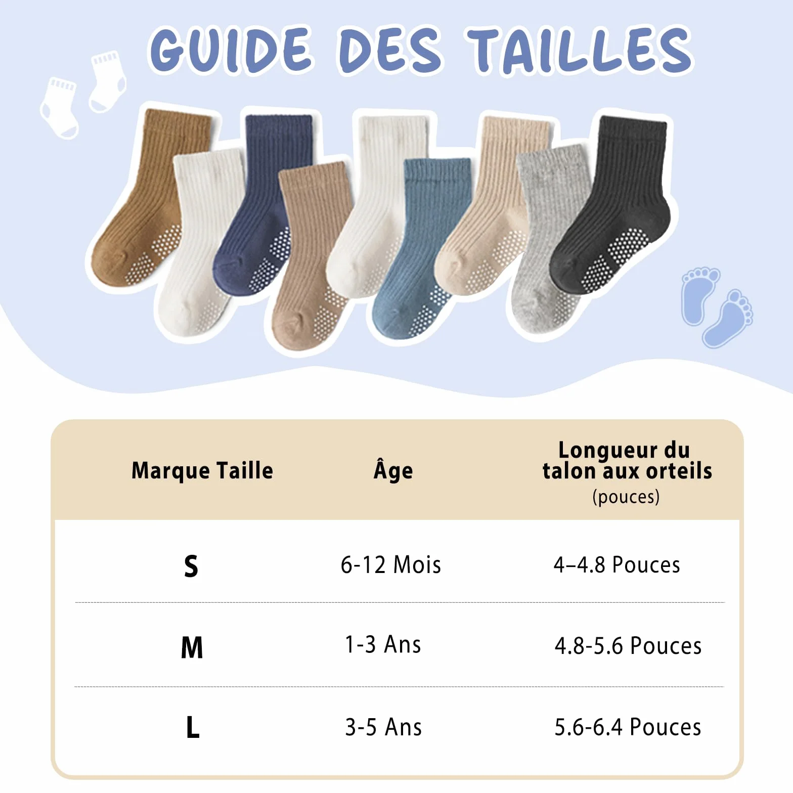Chaussettes en coton pour tout-petits avec semelles antidérapantes - 9 paires pour bébés garçons et filles