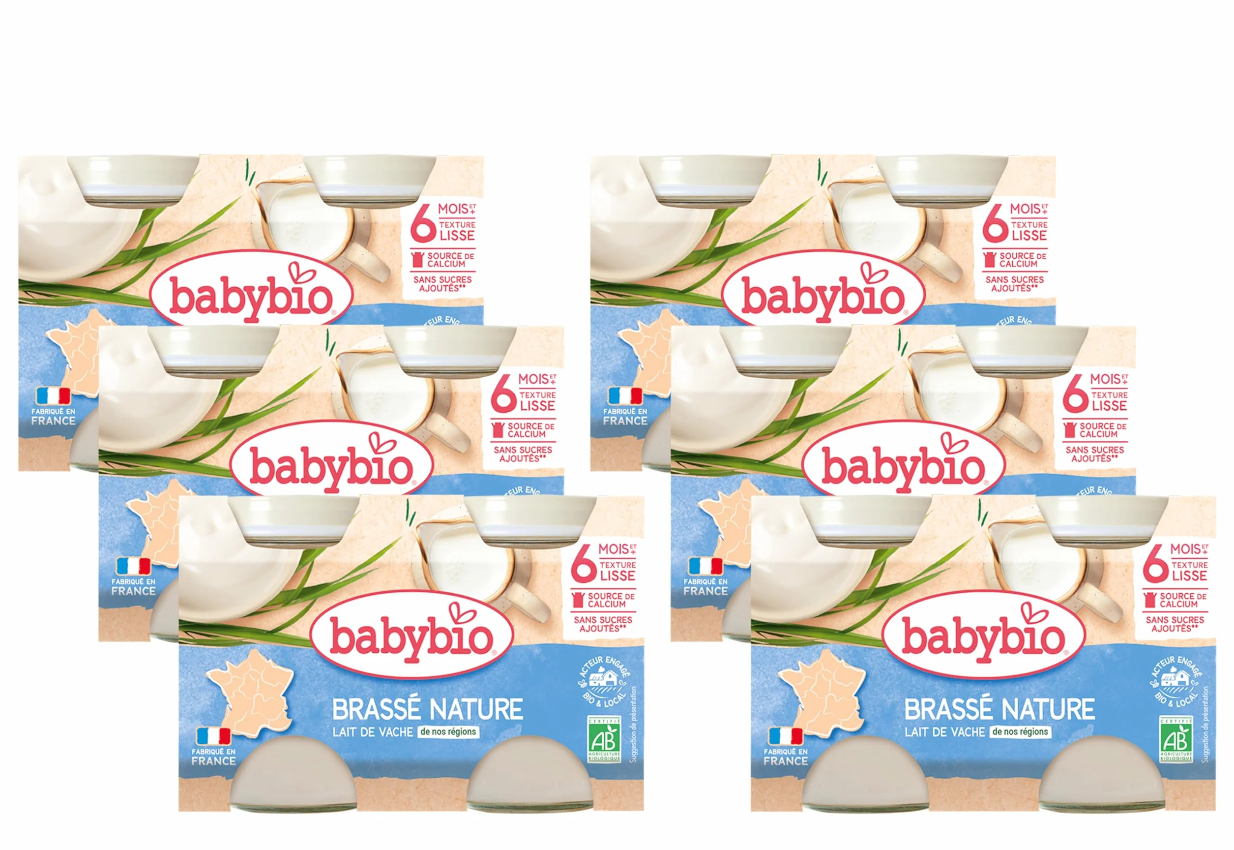 Babybio - Lait de Vache français - Petits Pots Brassé Nature 2x130g - 6 Mois - BIO - Lot de 6