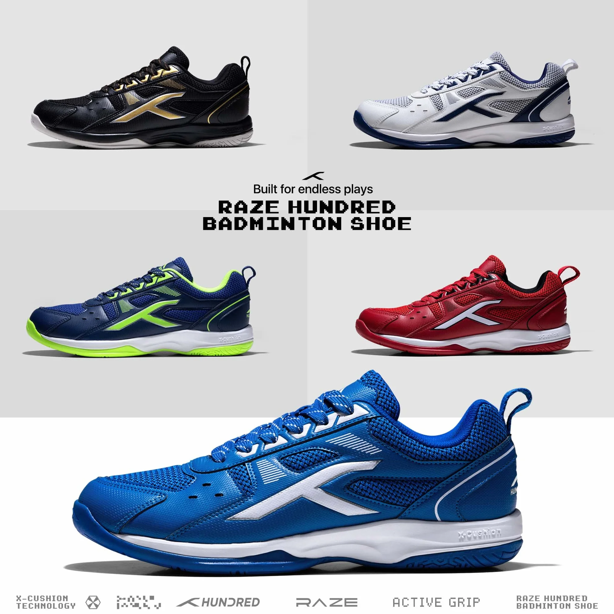 Hundred Raze Non-Marking Badminton Shoes for Men Polyester Upper Rubber Sole Indoor Tennis Squash Padel