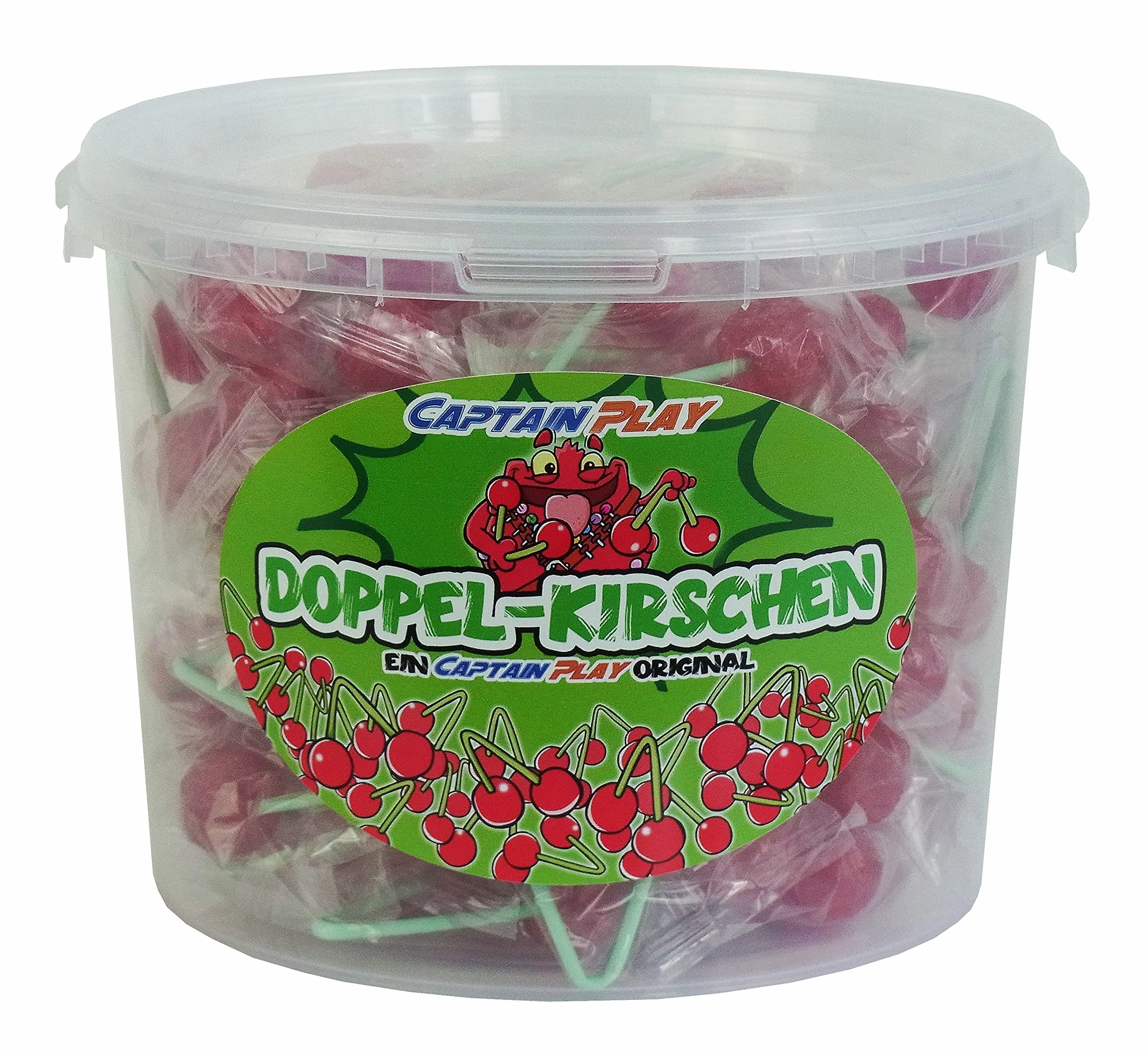 CAPTAIN PLAY - Bonbonnière avec 70 Sucettes Doubles - Sucettes avec deux Têtes - Aromatisés à la Cerise - dans Embollage individual - Boîte de 945g