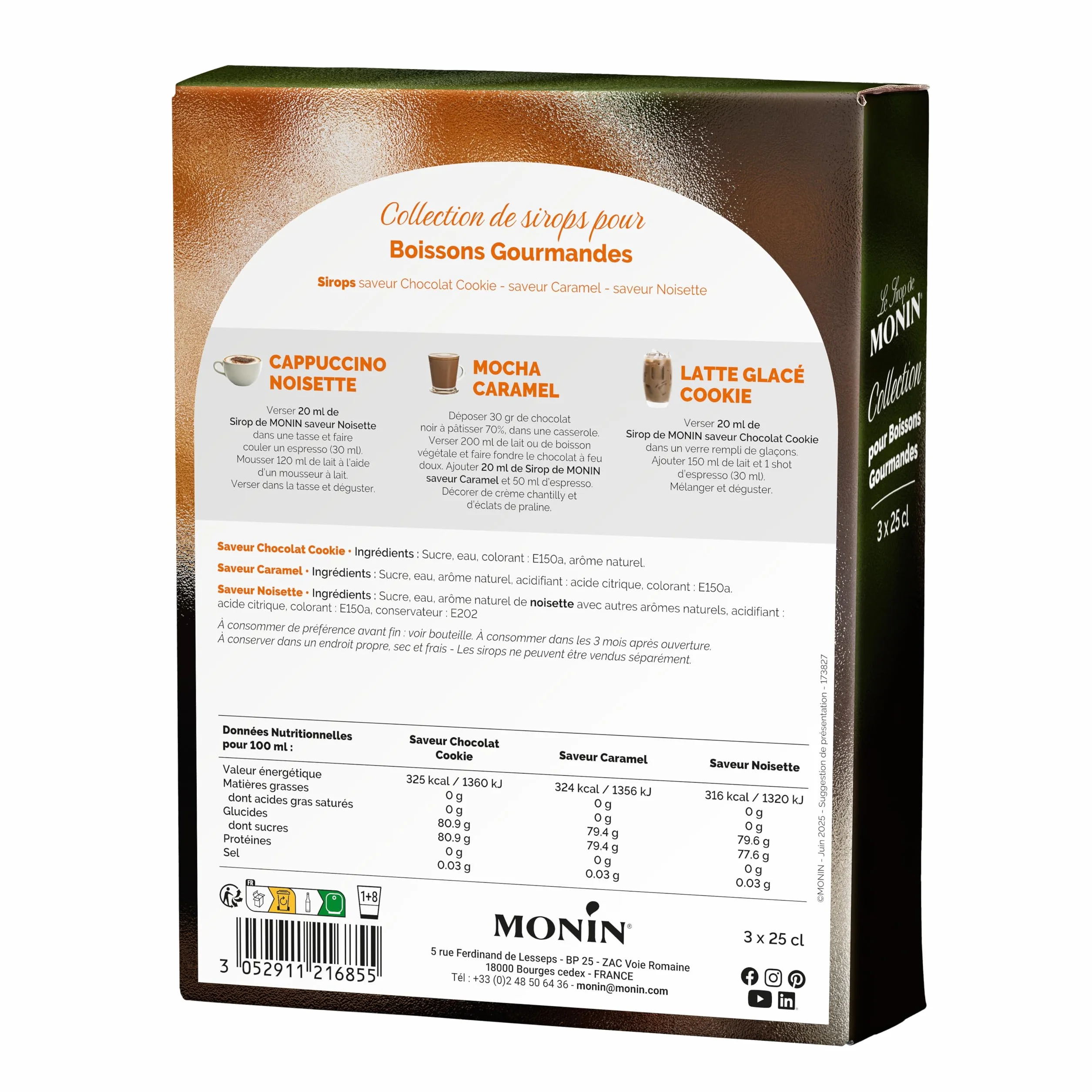MONIN - Coffret Sirop MONIN Pour Café Saveurs Noisette/Caramel/Chocolat Cookie - Pour Café, Chocolat Chaud, Capuccino ou Latte - Arômes Naturels - Bouteille en Verre - 3 x 25 cl