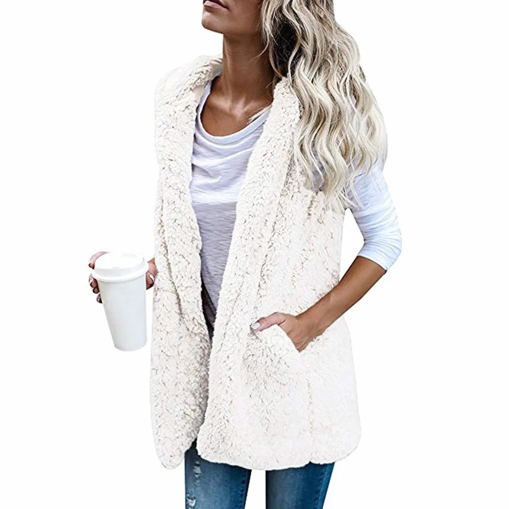 Gilet long sans manches en polaire chaude pour femme capuche surdimensionné avec poches