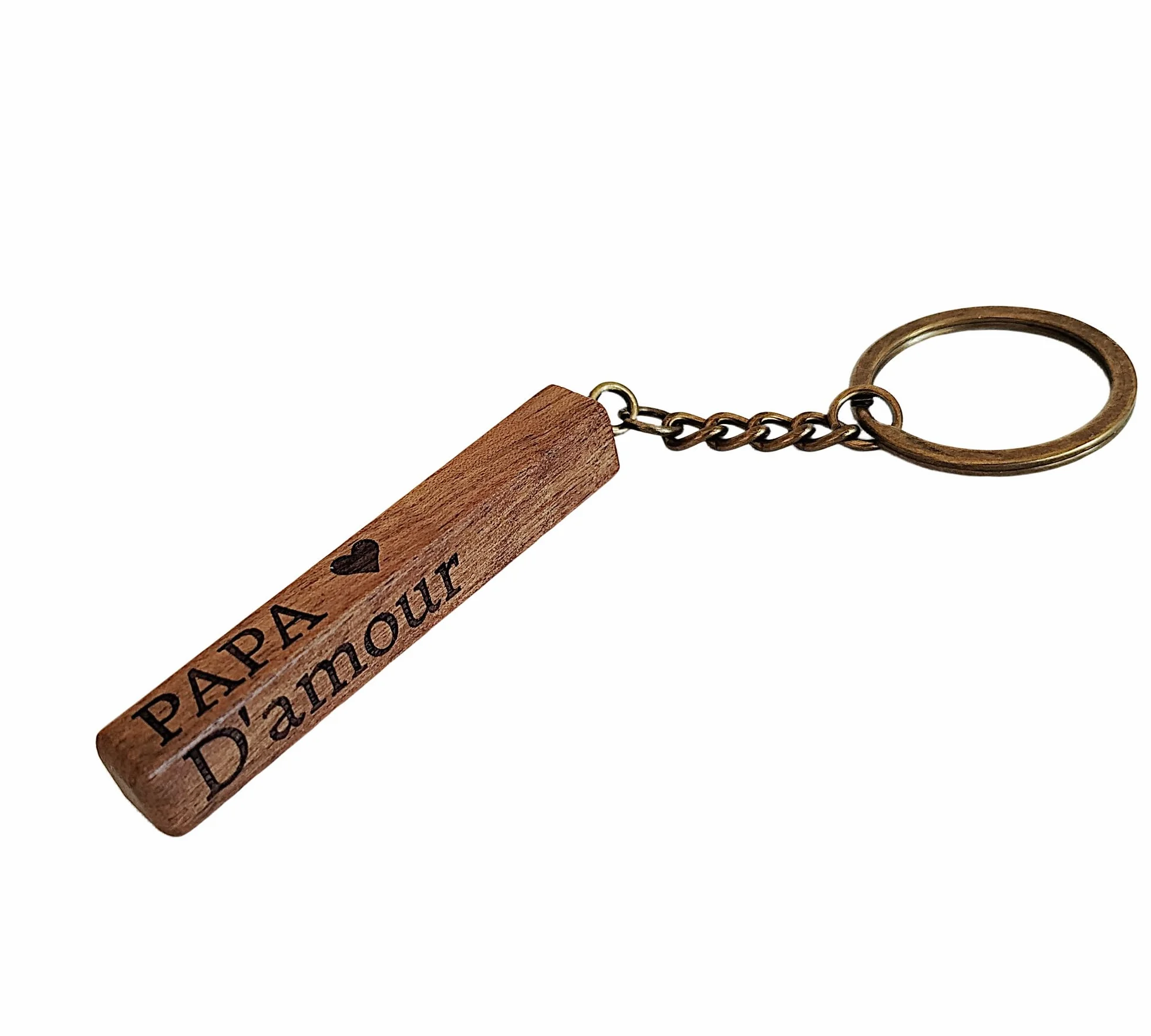 Porte-Clés Papa Bois de Noyer Laiton Gravé 4 Faces Cadeau Fête des Pères