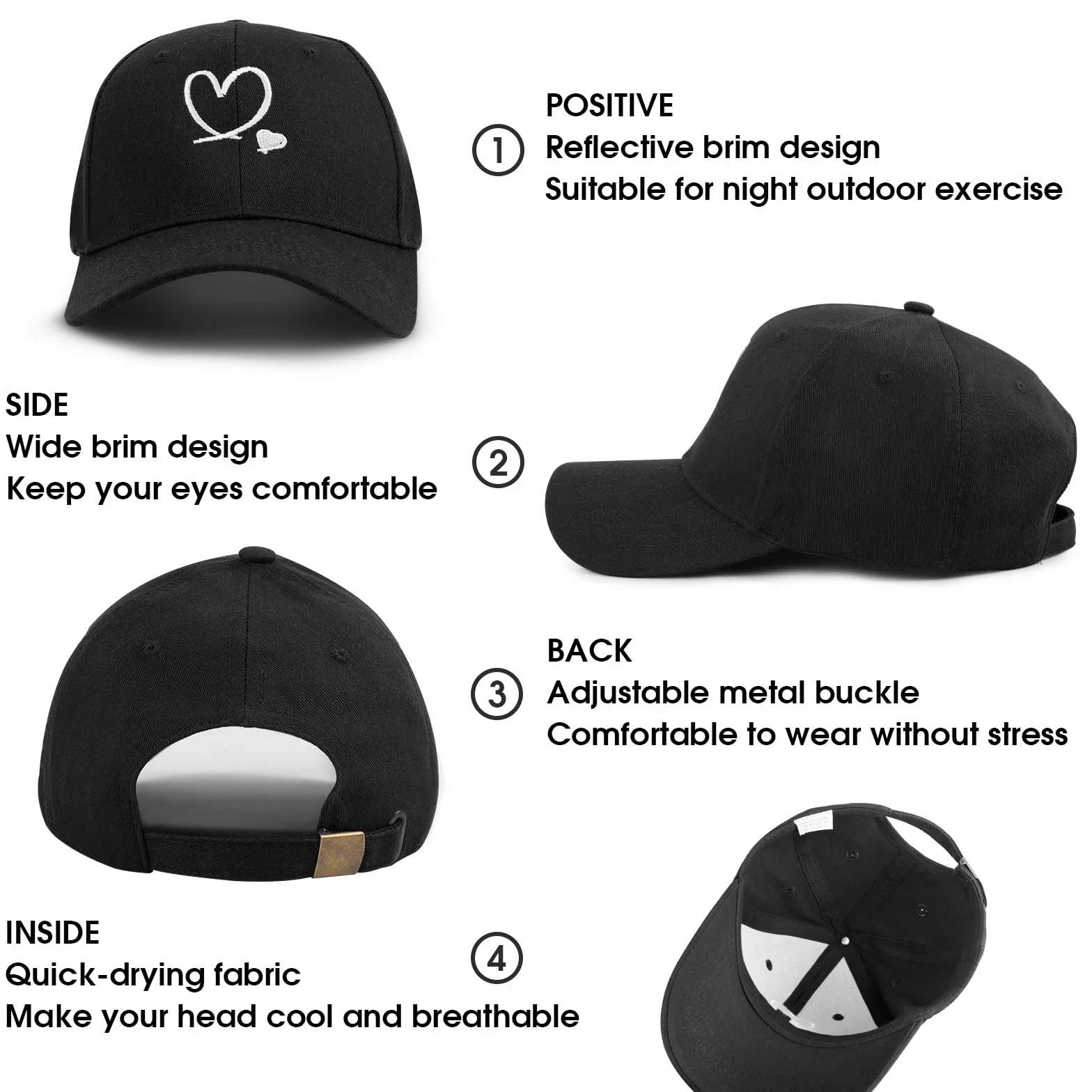 Tiakay Casquette de Baseball Unisexe à Broderie de Cœur Réglable Coton Respirant Protection UV Chapeau Soleil Été Plein Air Voyage Sport