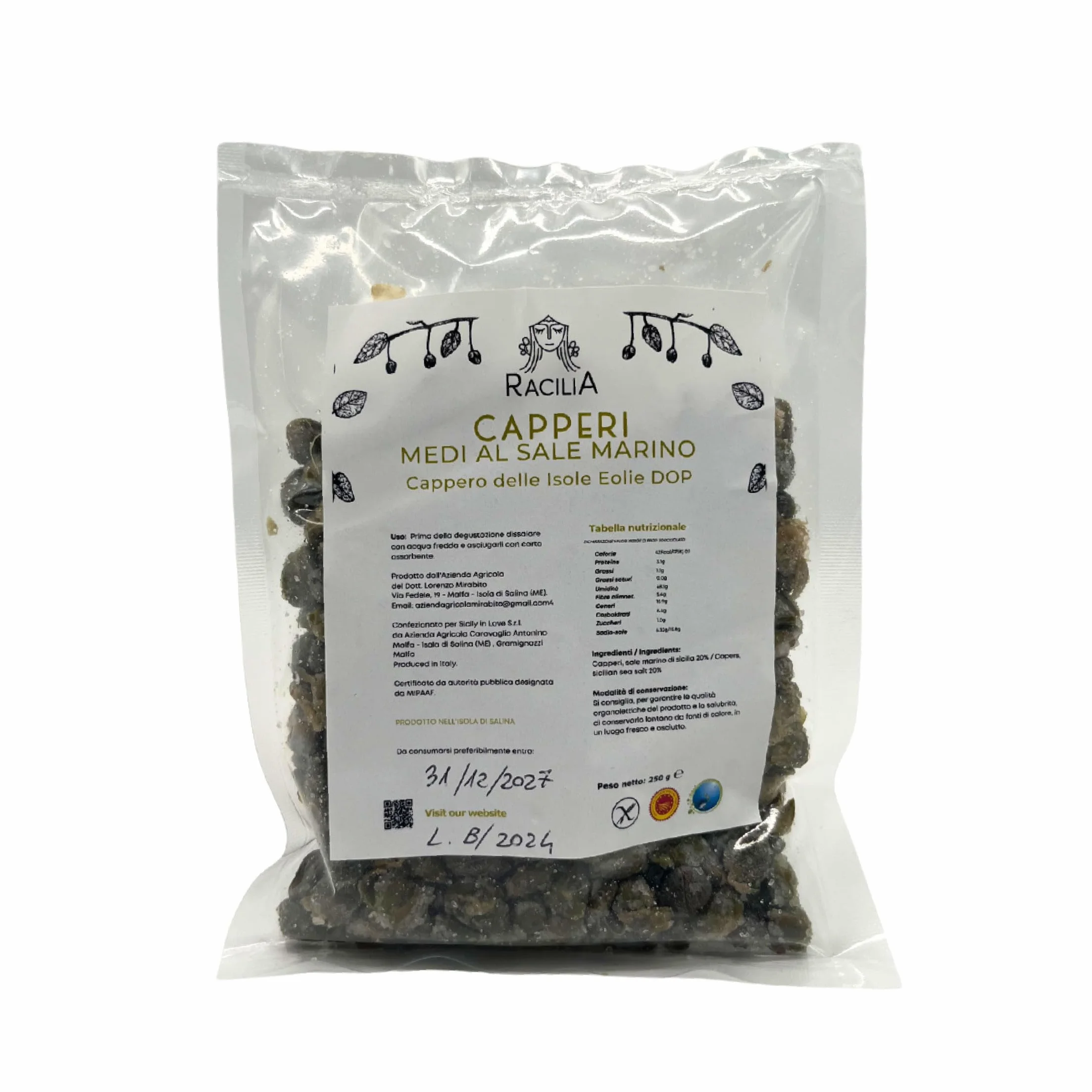 Câpres moyennes au sel - Câpres des îles Éoliennes d'Italie - Sans gluten - 250gr (2 Pièces = 500 Gr)