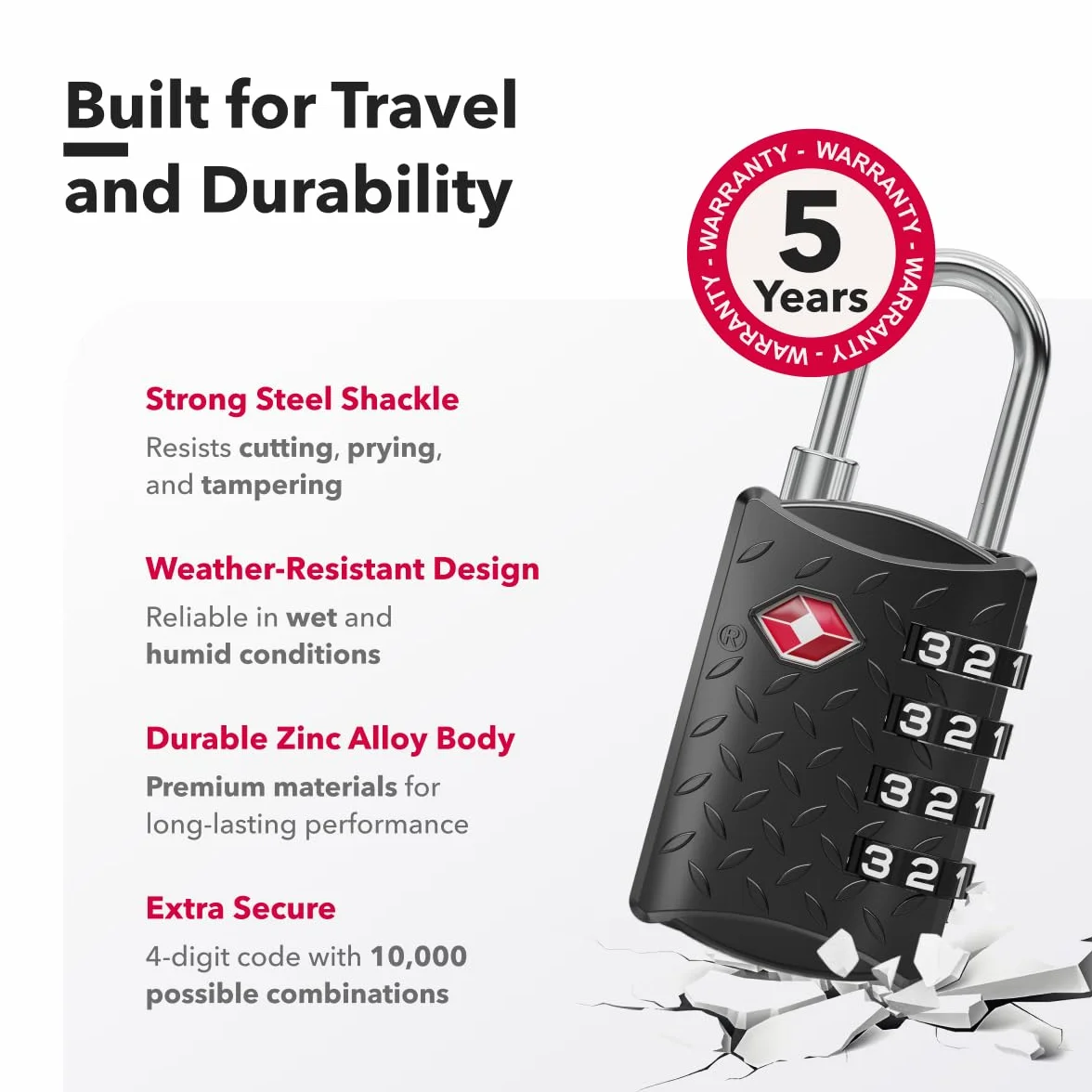 Cadenas TSA à code 4 chiffres lot de 2 noir compatible USA surface nervurée antidérapante sécurité voyage valise
