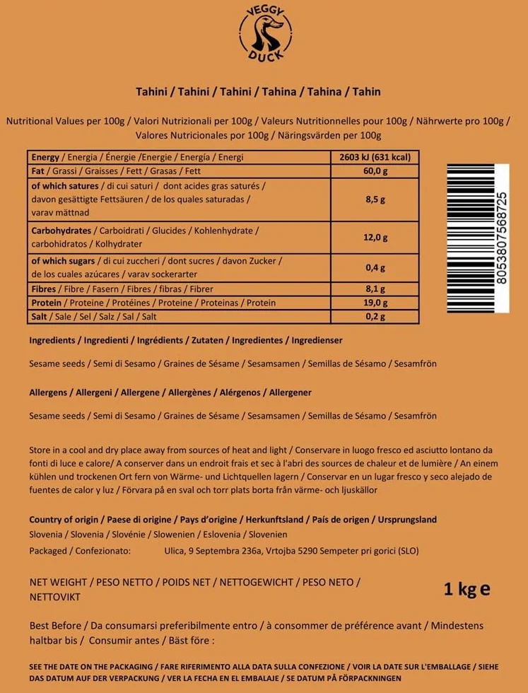 Veggy Duck - Tahini (1Kg) - Graines de Sésame Grillées et Pressées | Naturel | Sans OGM | Végétalien | Idéal pour Houmous