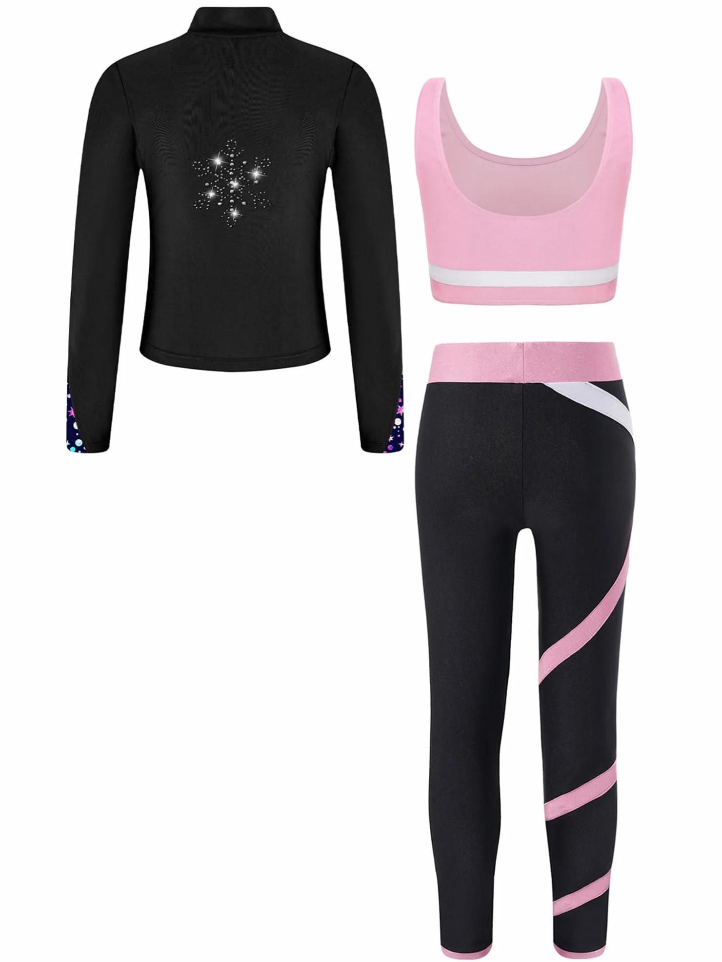 TiaoBug Enfant Fille Ensemble Patinage Artistique Vestes Top Strass Zippée Manches Longues Legging Survêtement Justaucorps Gymnastique 5-16 Ans