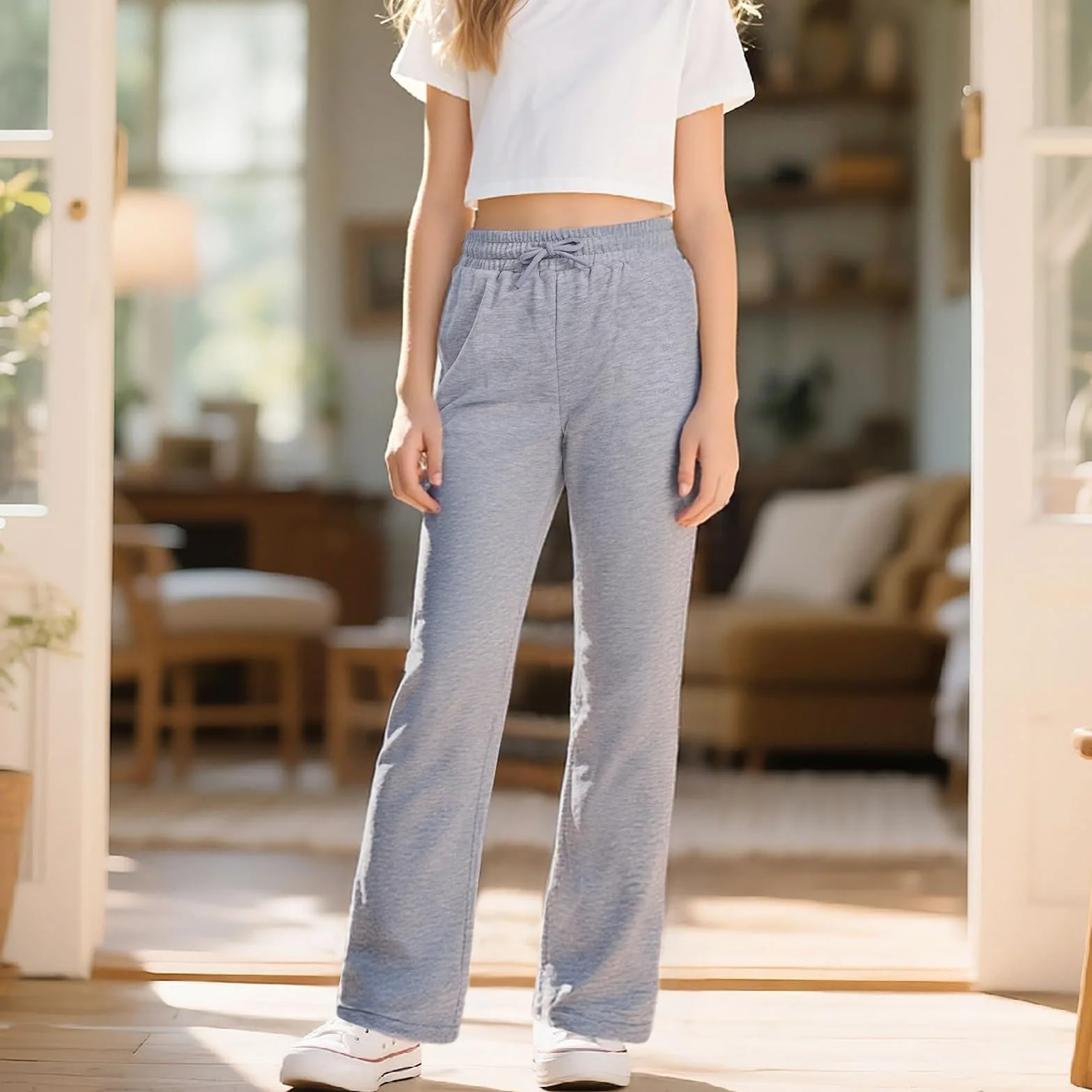 Pantalon de jogging long pour filles taille haute élastique jambe large danse entraînement