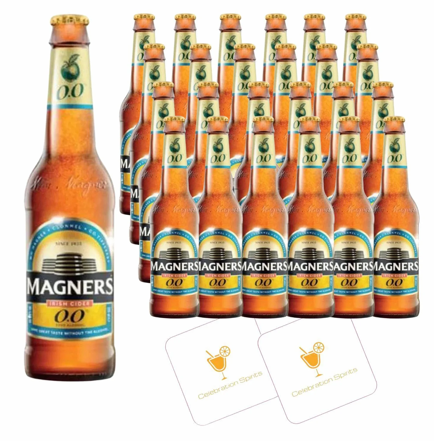 Magners 0.0 Lot de 24 bouteilles de cidre irlandais, sans alcool | 2 tapis de bière Celebration Spirits