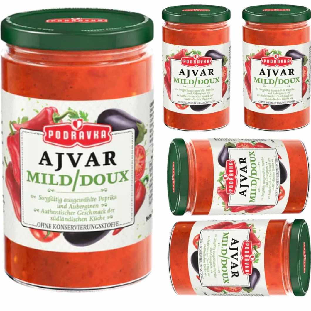 Ajvar Lot de 5 sauces à légumes en verre doux - Un délicieux plat d'accompagnement traditionnel pour sauce - 350 g