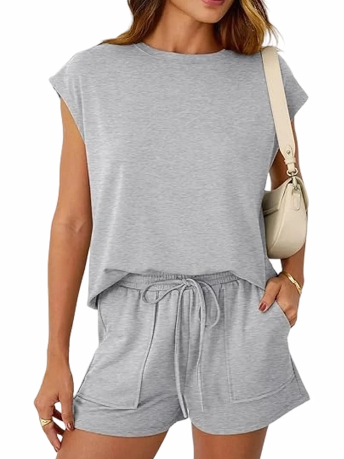 Ensemble Femme Ete 2 Pièces Chic Elegant Survêtement sans Manches Col Rond Short Poches Tenue Sport