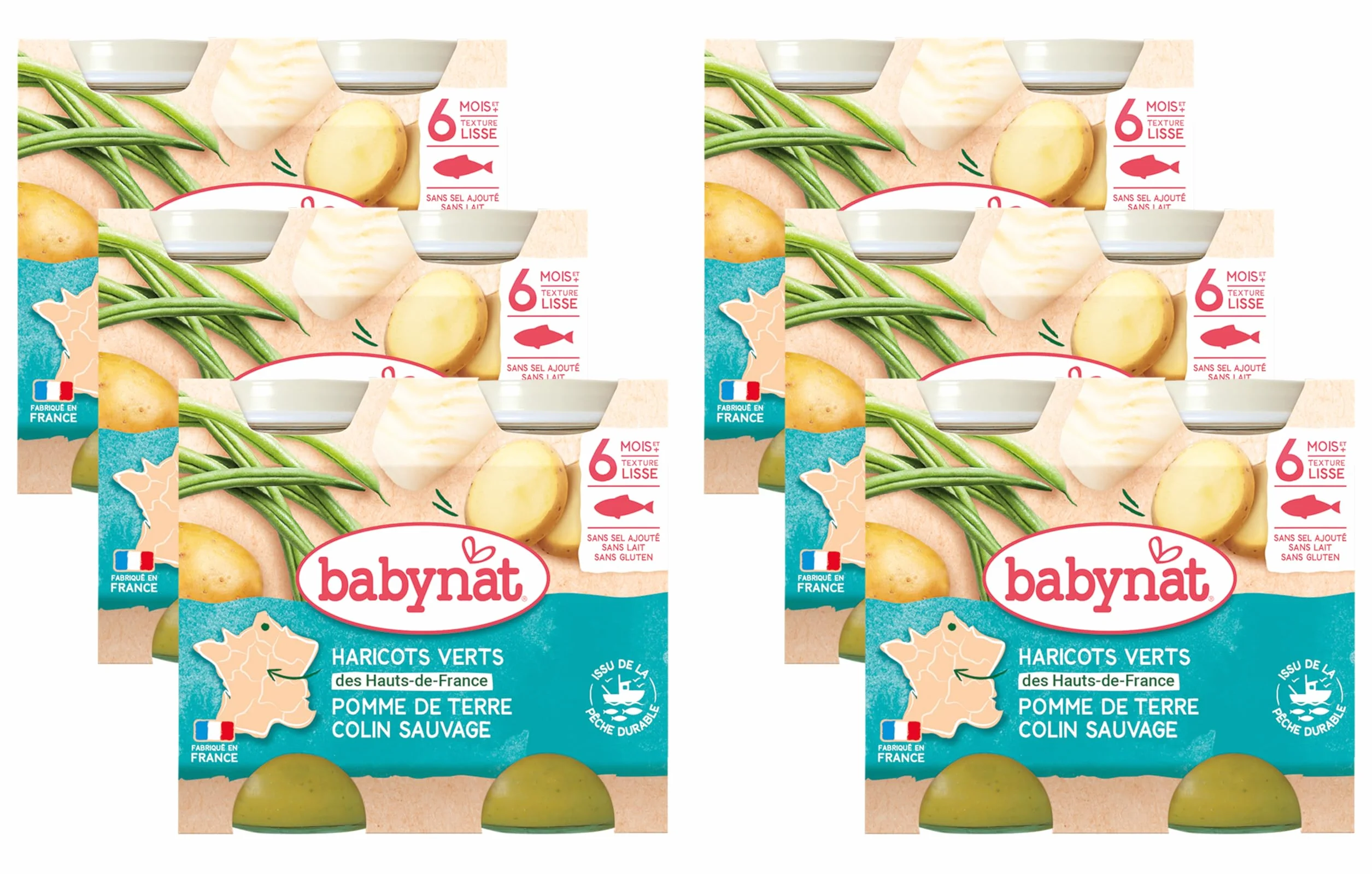 Babybio - Petits Pots Pomme de Terre Haricots Verts de Vendée Colin 2x200g - 6+ Mois - BIO - Lot de 6