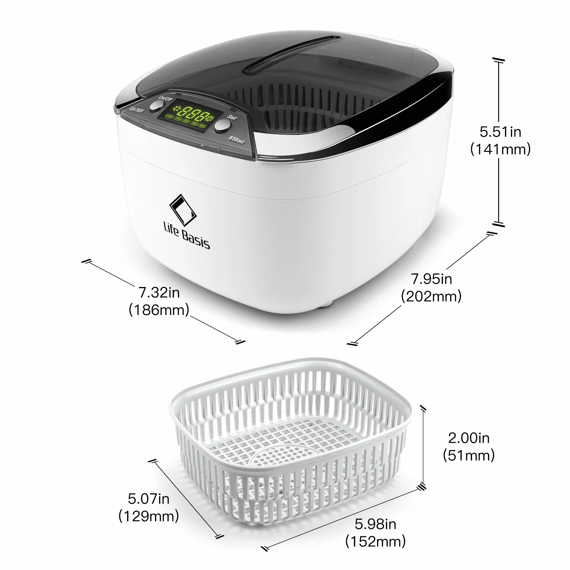 LifeBasis Nettoyeur Ultrasons 850ML 42kHz Professionnel, Bac Acier Inox, Écran LED, 5 Modes