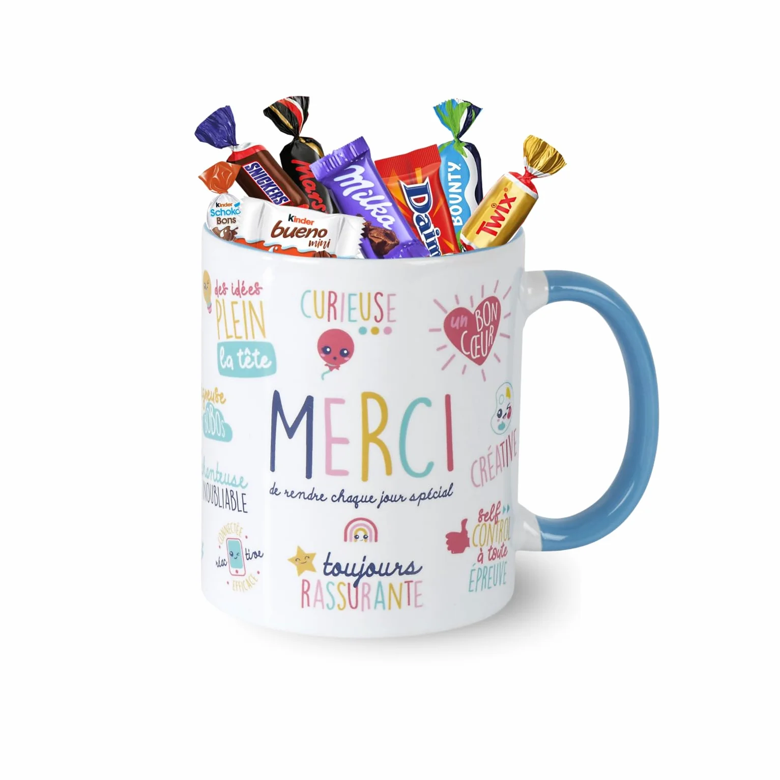 Mug MERCI garni d'un assortiment de 20 chocolats MILKA, KINDER, CELEBRATIONS, DAIM | Cadeau pour remercier les Maîtresses, ATSEM & Nounous, Collègues, Soignantes