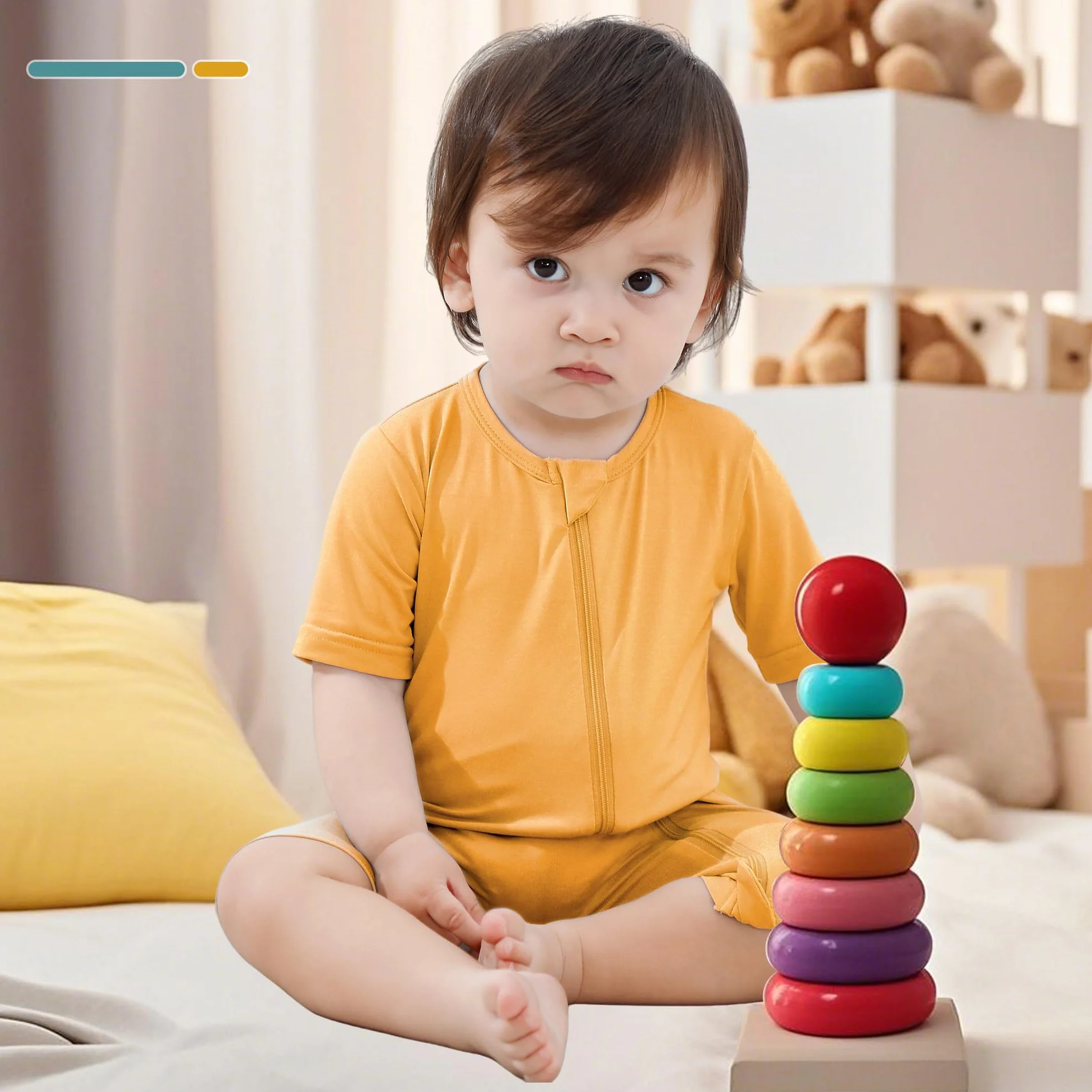 Pyjama Bébé Garçon en Fibre de Bambou - Grenouillère Été Manches Courtes Double Fermeture Éclair