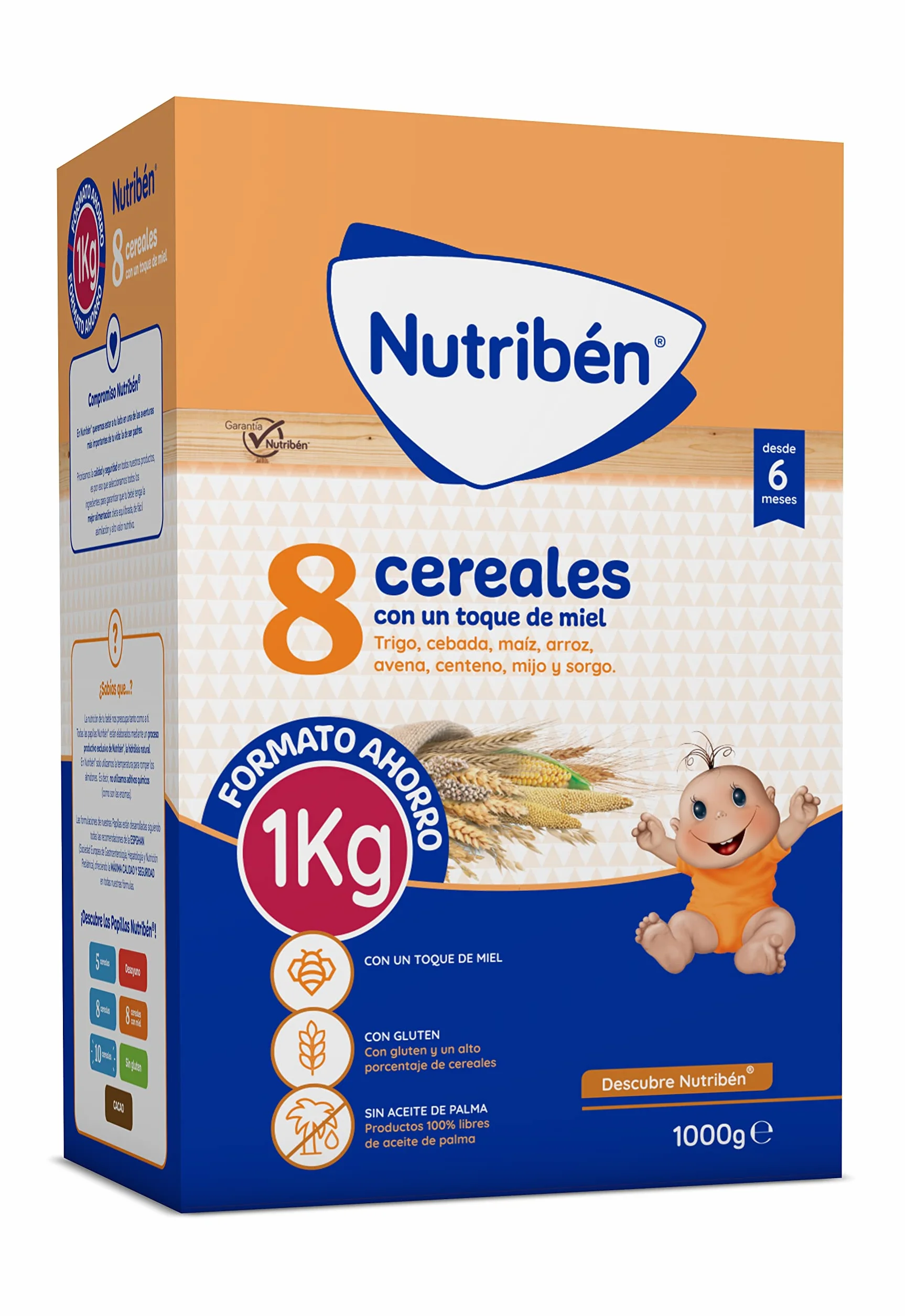 Nutribén Bouillie 8 céréales et miel, 1000 g, sans huile de palme, aliment pour bébés dès 6 mois