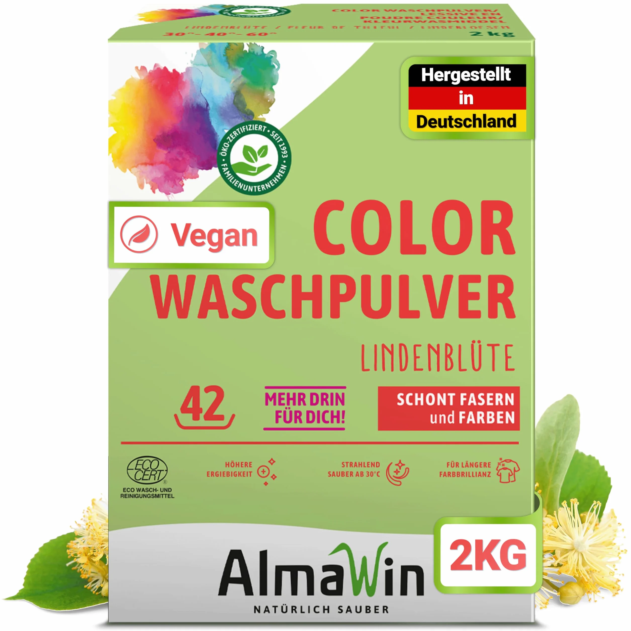 AlmaWin Color Lessive en poudre Fleur de tilleul 2 kg, 42 lavages, végétalien