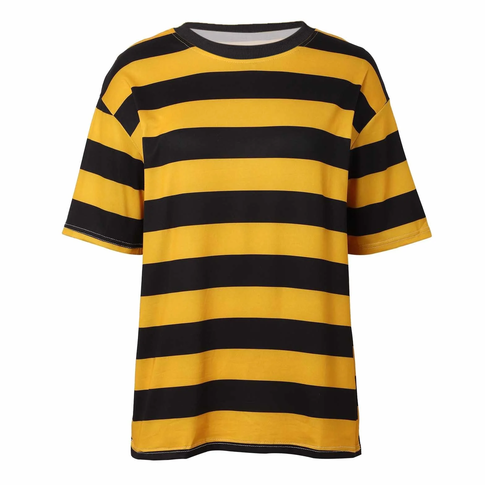 T-shirt rayé pour femme Jaune et noir Col rond Manches courtes