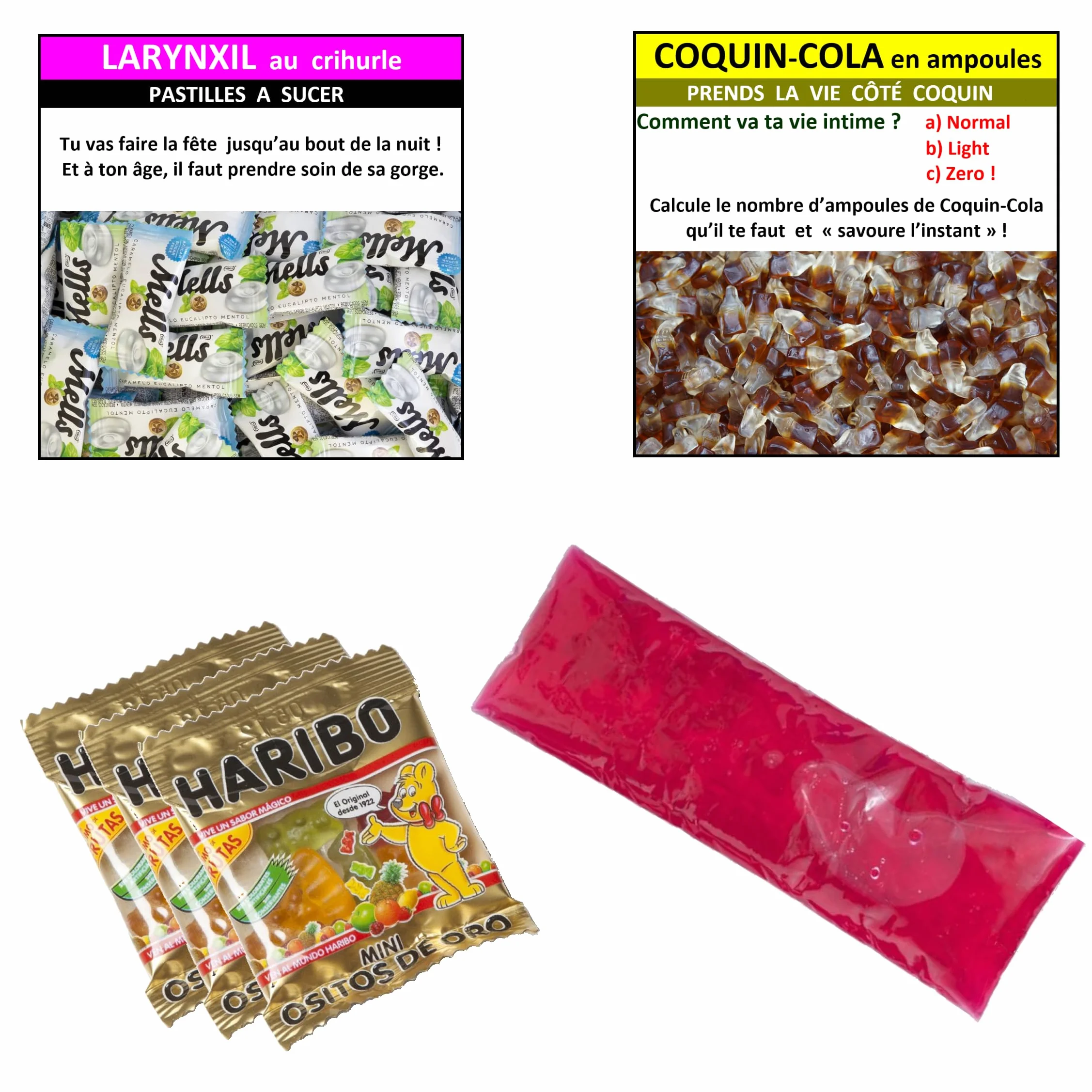 Cadeau anniversaire original. Remèdes pour passer le cap. Boite à pharmacie avec 10 imitations de médicaments. Contient des bonbons