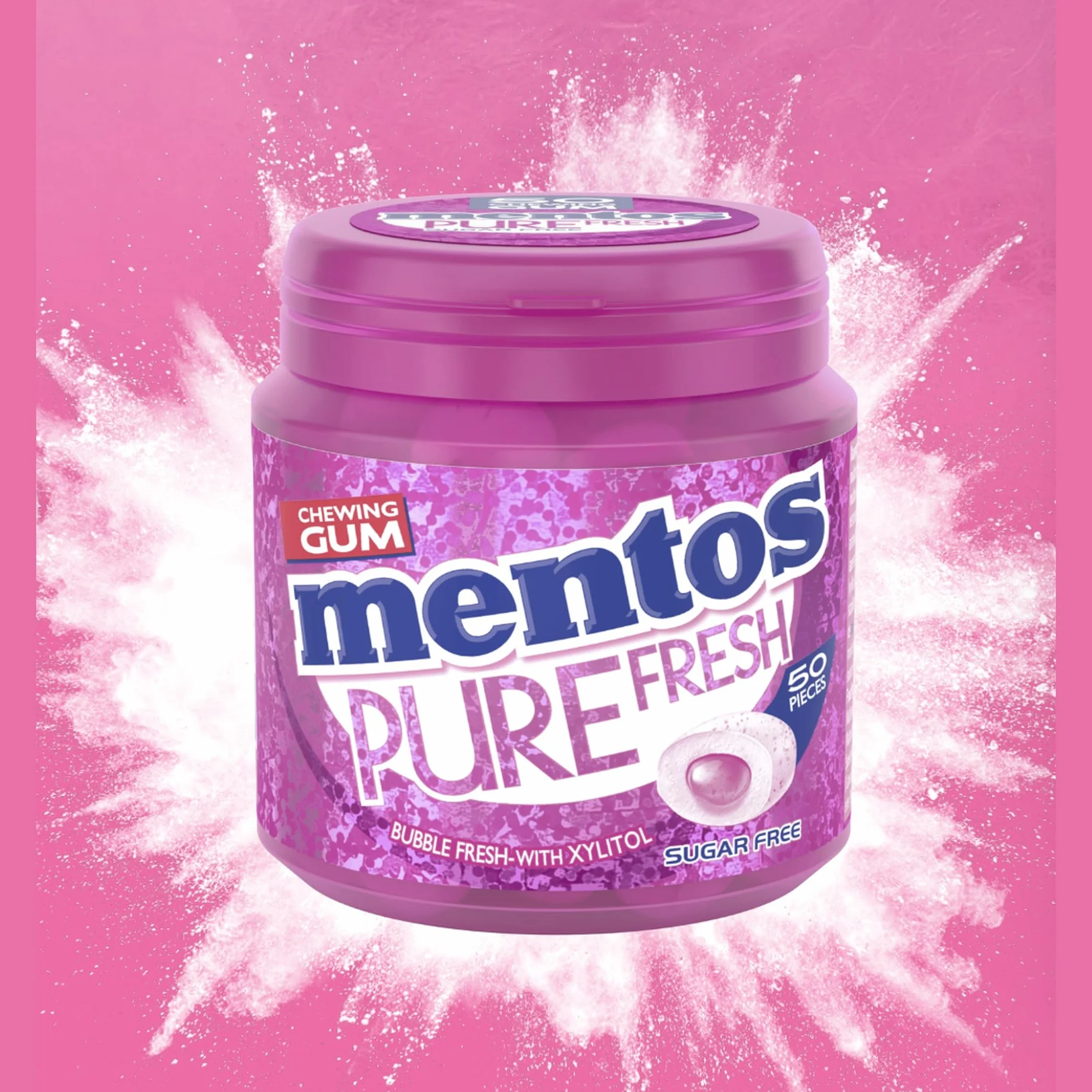 Mentos Pure Fresh Bubble Chewing-Gum Sans Sucres Boîte 50 Dragées