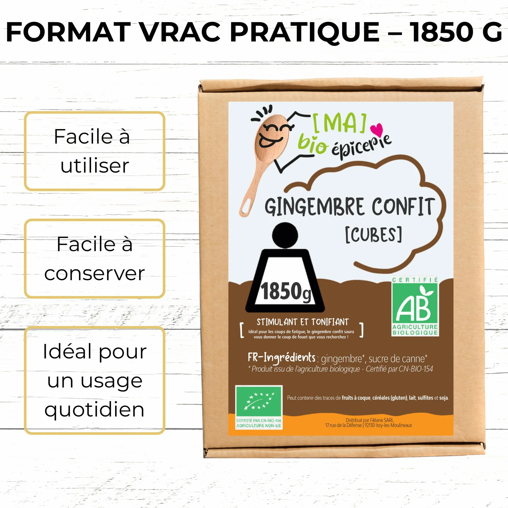 Gingembre confit BIO en cubes 1850 g – Sachet vrac – Format familial