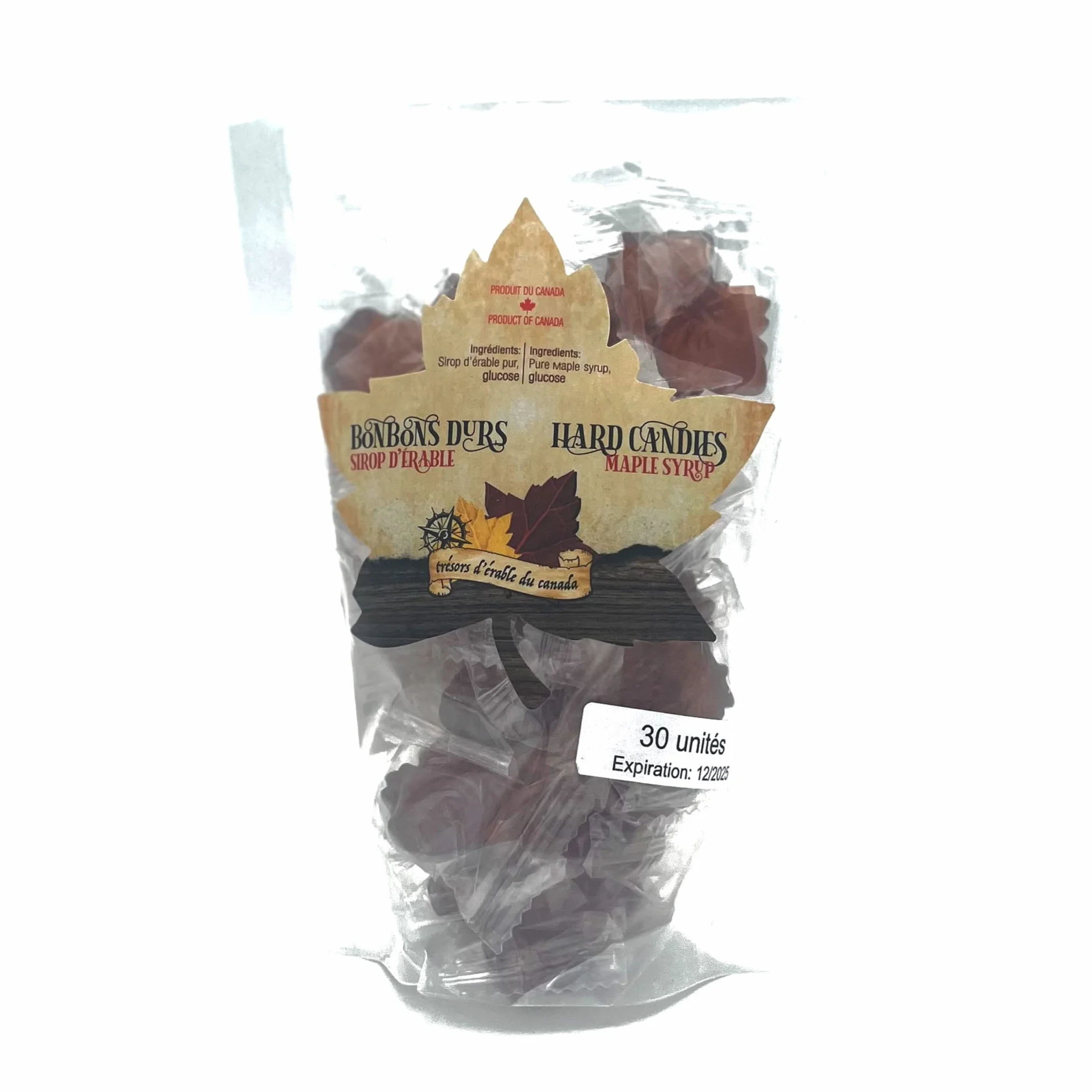 Bonbons durs au sirop d'érable du Québec - Réalisé avec du pur sirop d'érable - Sachet de 30 unités - Les Trésors d'érable