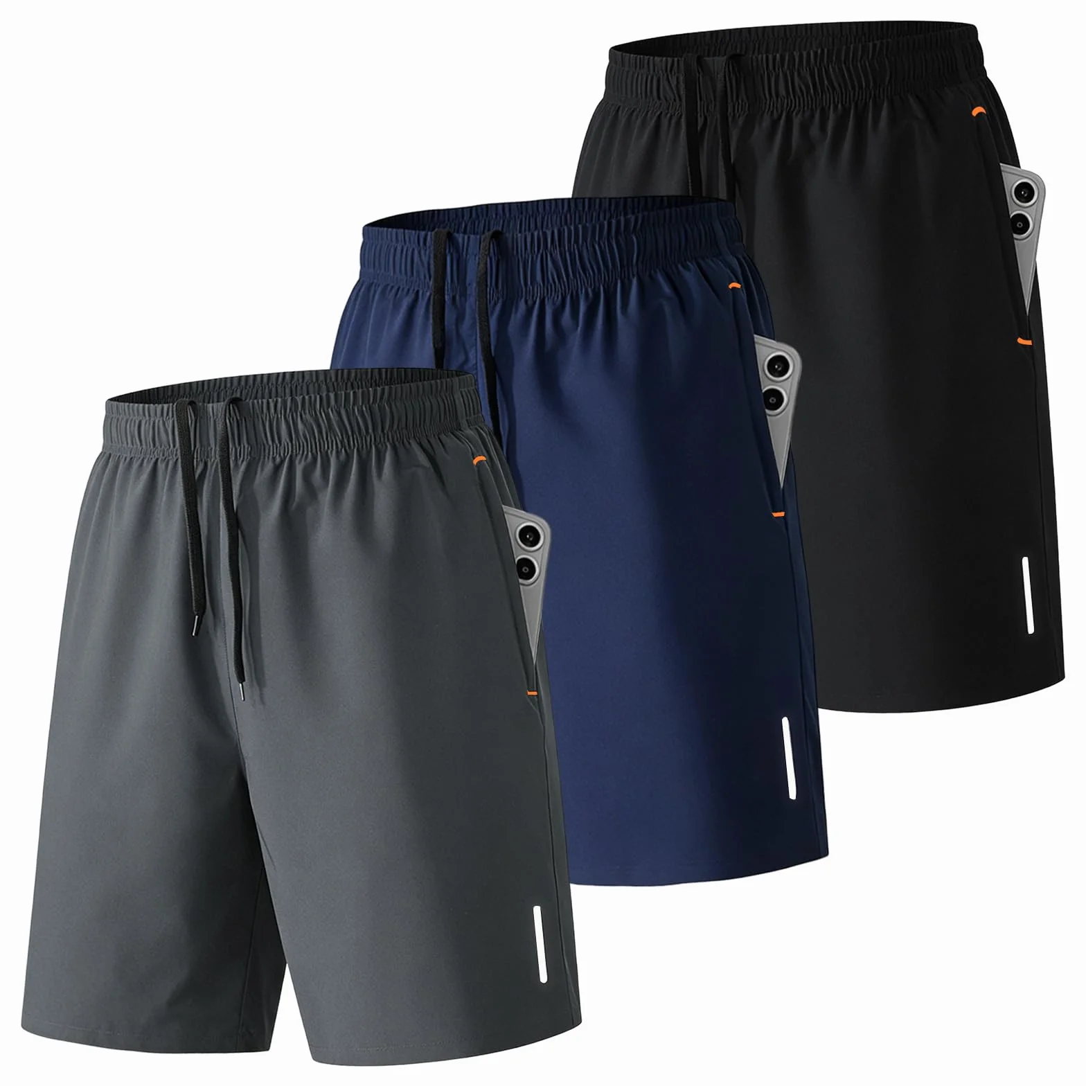 SHAGGA Lot de 3 shorts de sport légers à séchage rapide pour homme, entrejambe 7 avec poches zippées