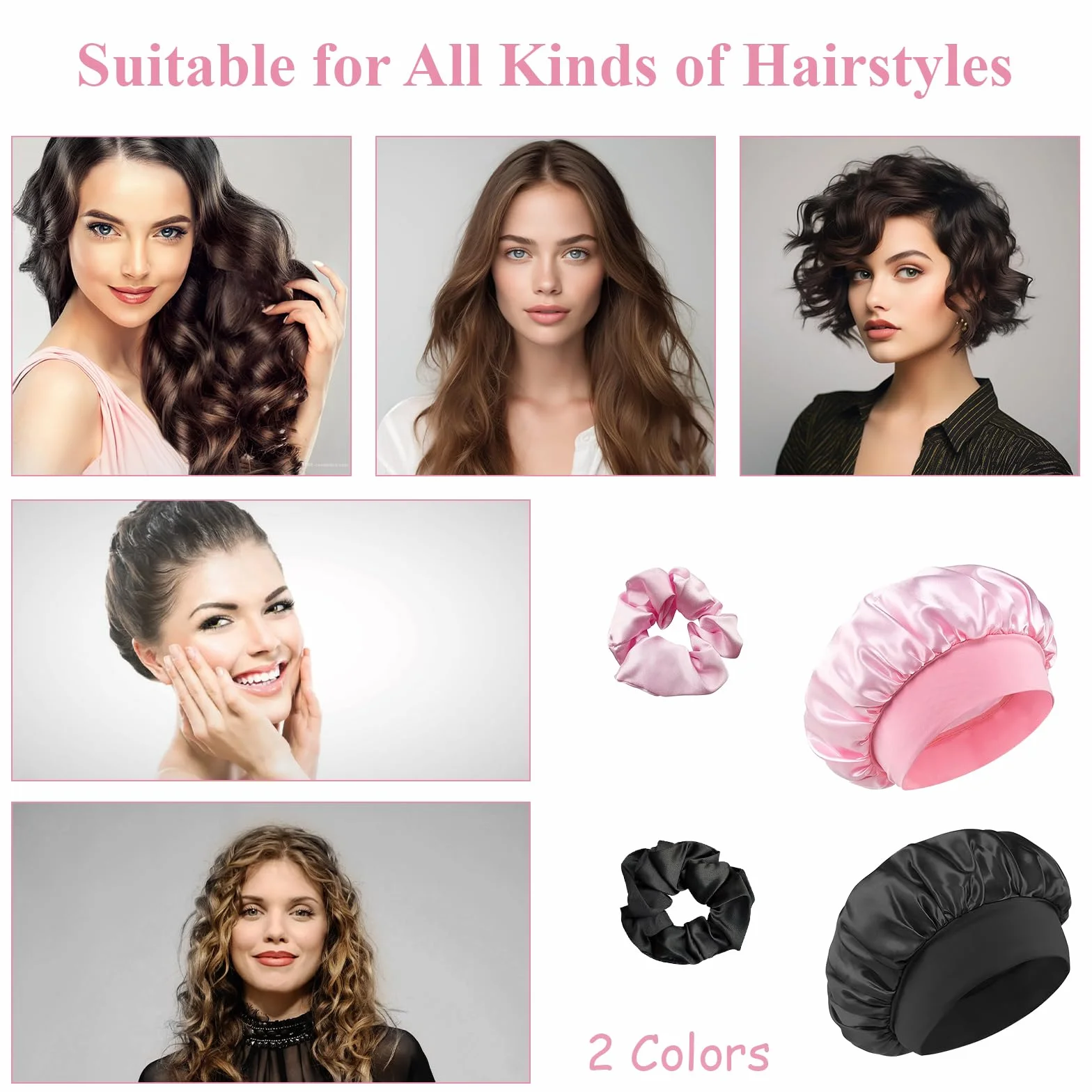 Bonnet Satin Cheveux Nuit avec Elastiques, Protection Cheveux Noir Rose