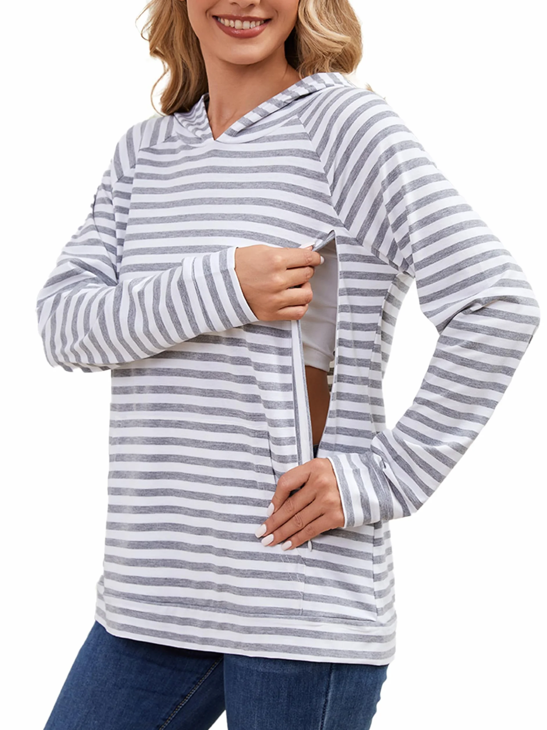 Sweat à capuche d'allaitement pour femme avec fermeture éclair invisible, pull de maternité