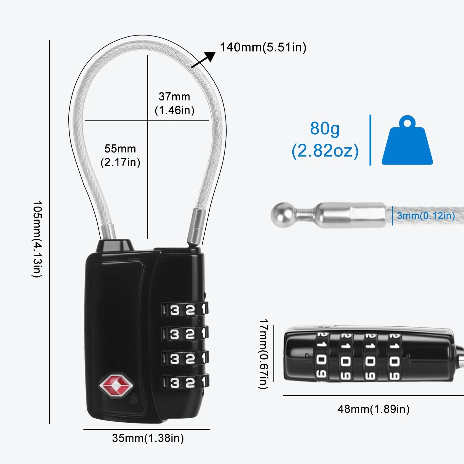 Diyife TSA008 Cadenas Code 4 Chiffres avec Alerte Rouge à l'Ouverture, Câble d'Acier 3 mm, Cadenas Valise pour Bagage Cabine, Casier & Camping