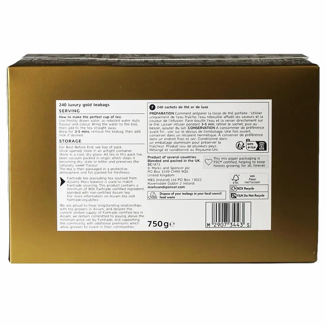 M&S Luxury Gold Tea - 240 Count (Pack of 1) - Thé Noir Sucré et Lisse - Boîte de 240 Sachets de Thé - Tea