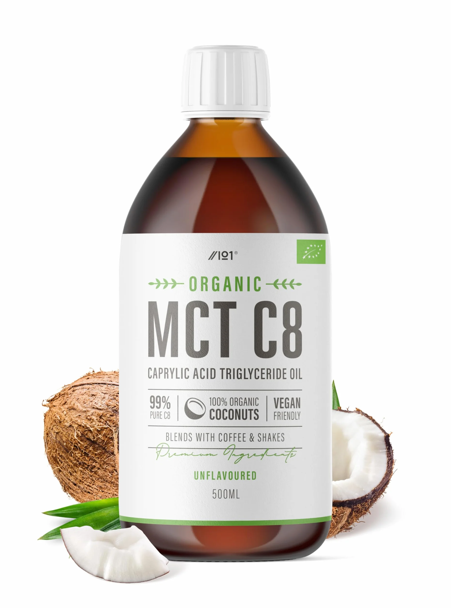 Huile MCT C8 Bio 500 ml (Verre) - 99%+ C8 Pressée à Froid - Booste les Cétones 4X Plus Que les Autres MCT - Issue de Sources Durables par Alpha01