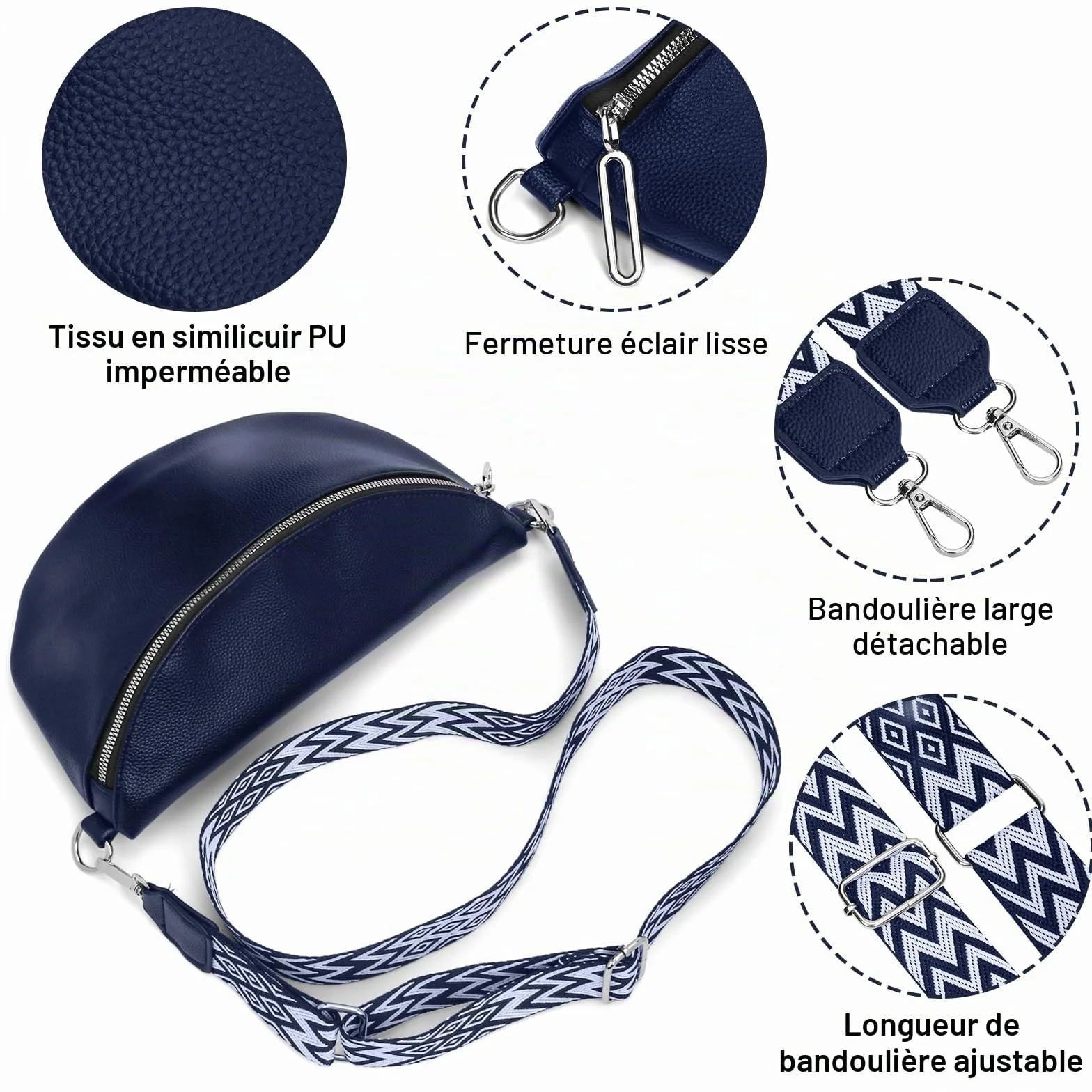 Sac Bandoulière Femme Chic Cuir Imperméable avec Sangle Large et Bandoulière Amovible