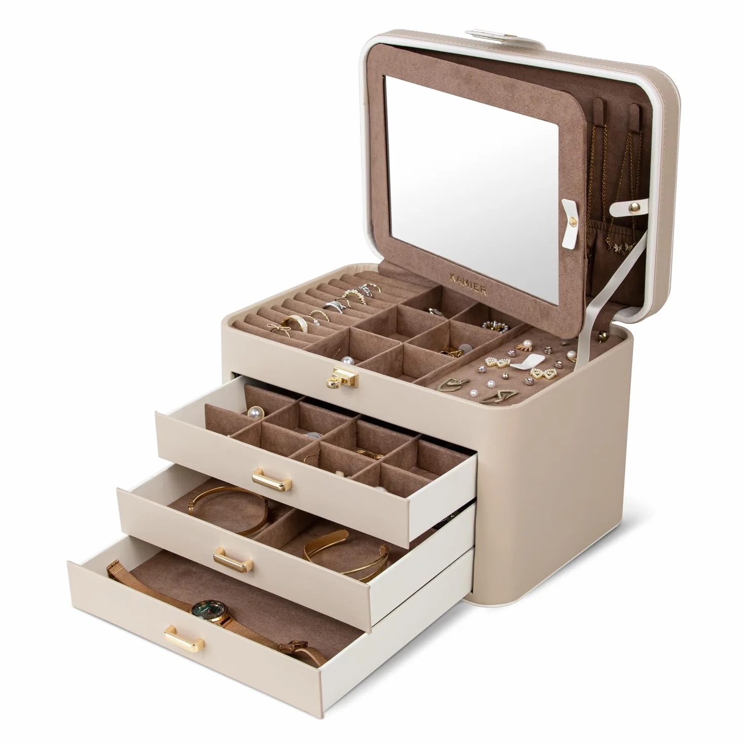 KAMIER Grande boîte à bijoux pour femme – Organiseur en cuir 4 niveaux avec serrure et miroir, beige