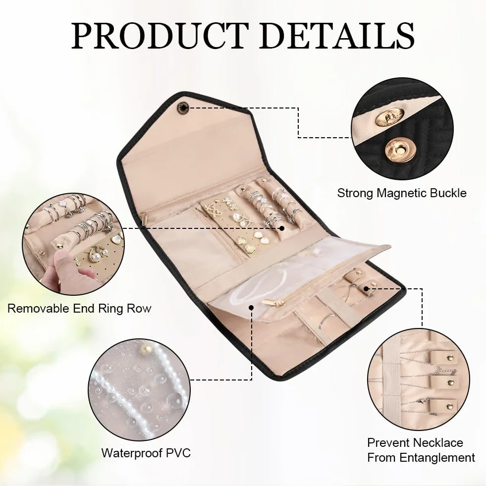 Aucuu Pochette Rouleaux à Bijoux Pliable, Organisateur de Voyage pour Bijoux, Sac en Rouleau Noir