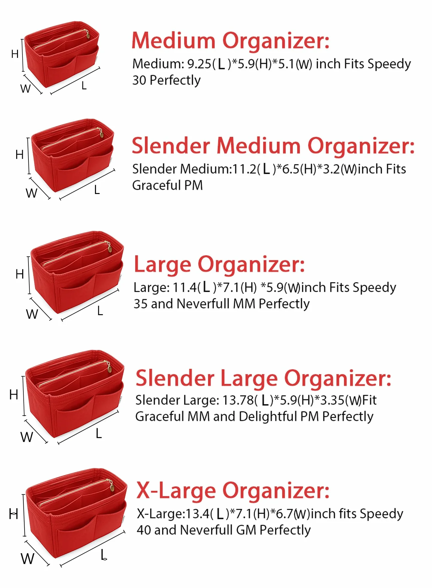 Organiseur de sac à main en feutre avec fermeture éclair pour Speedy Neverful PM MM, Rouge, M