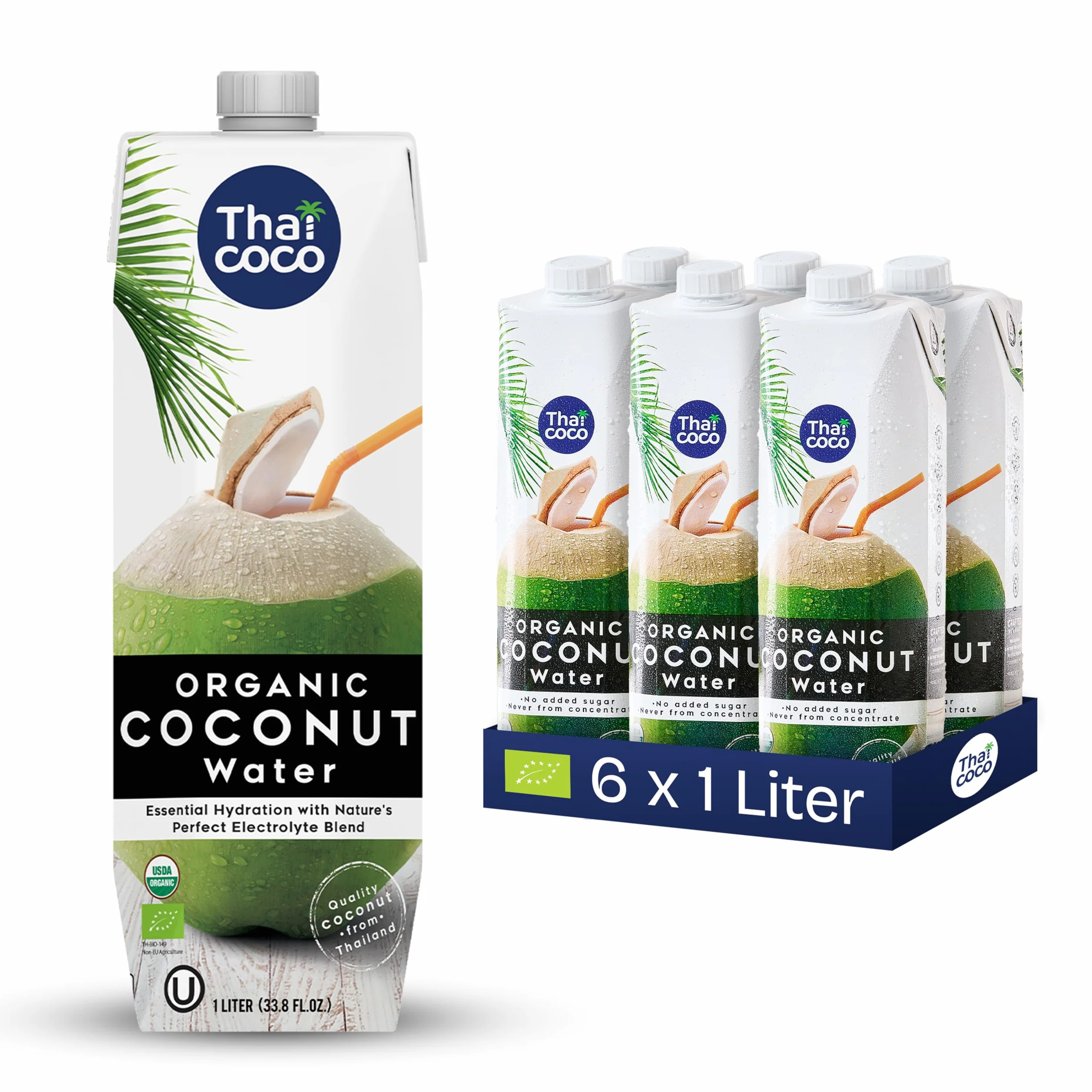 Thai Coco 100% eau de coco bio – Rafraîchissement naturel de Thaïlande – Certifiée biologique, sans sucre, sans ajout de conservateurs, 6 x 1 L Tetra Pak – Goût frais de noix de coco biologiques
