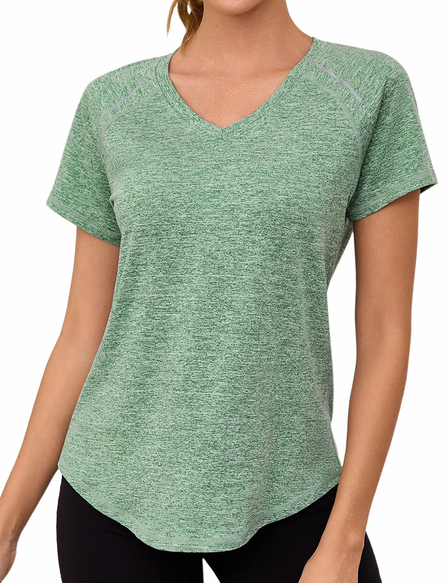 T-Shirt Sport Femme col V Bandes Réfléchissantes Manches Courtes pour Fitness Running Yoga
