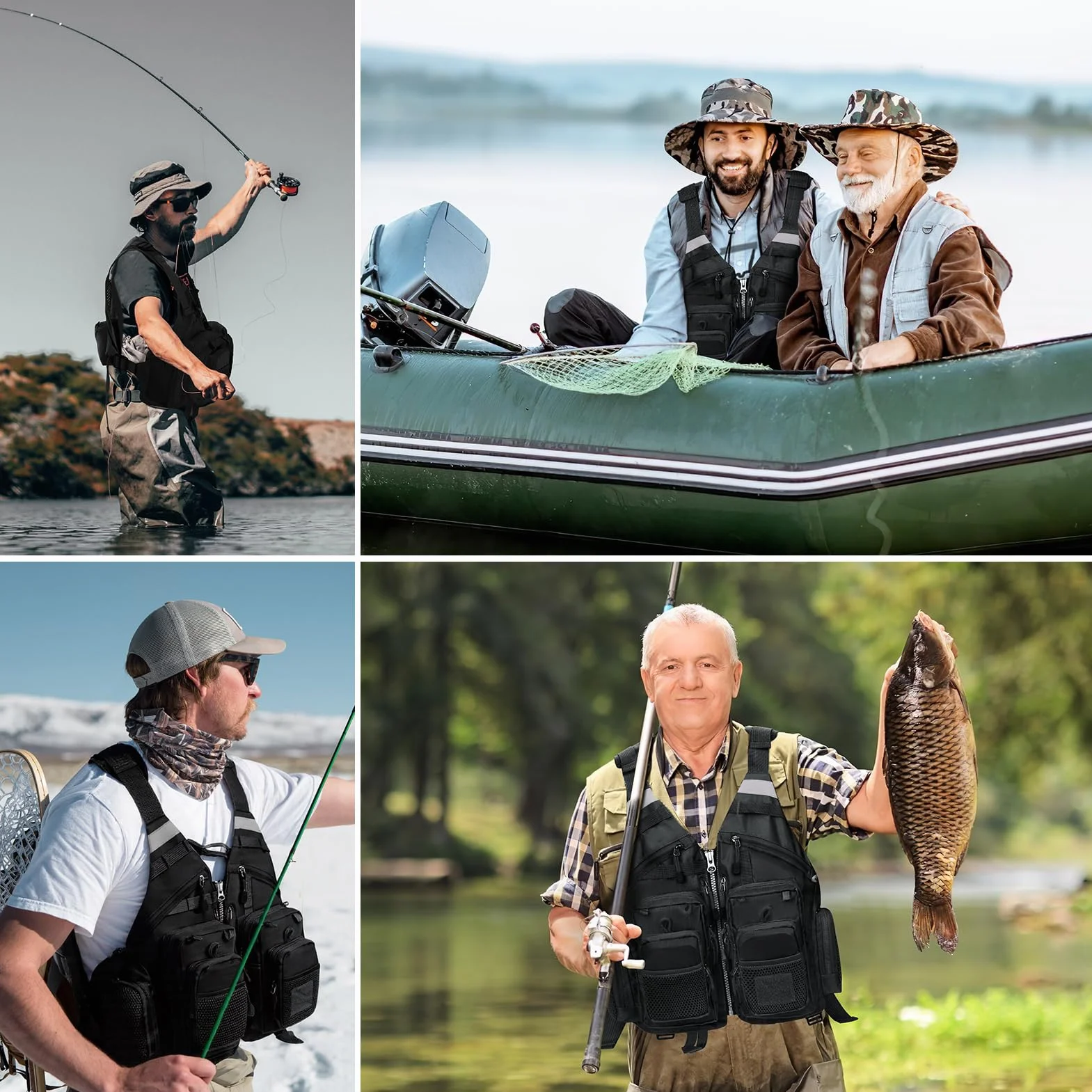 Gonex Gilet de Pêche à La Mouche pour Hommes et Femmes, Réglable avec Poches et Bandes Réfléchissantes