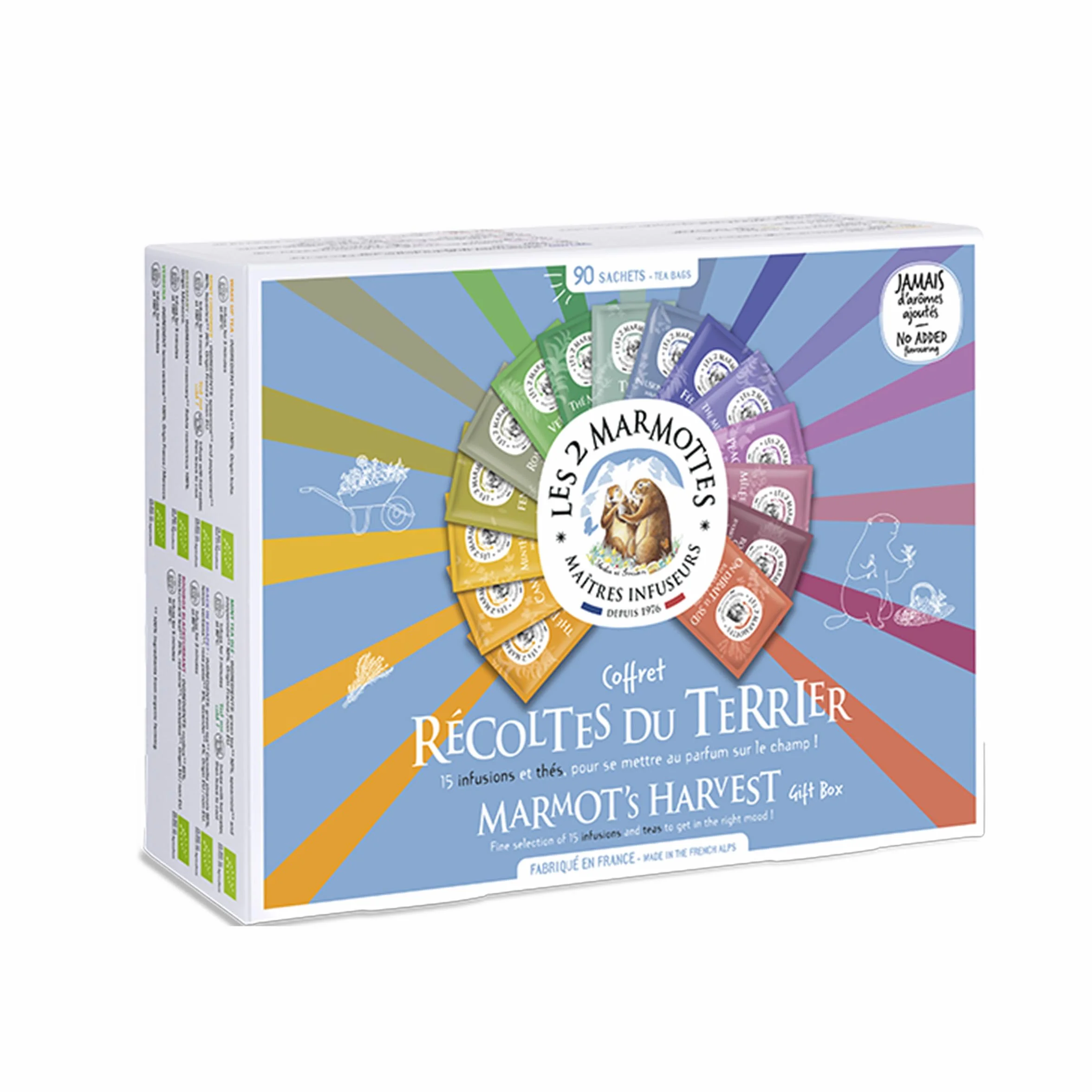 Les 2 Marmottes - Grand Coffret Récoltes du Terrier 90 Sachets - 12 Infusions 3 Thés - Idéal En Cadeau - Bien-Être Et Relaxation - Made In France - Sans arômes ajoutés - 134g