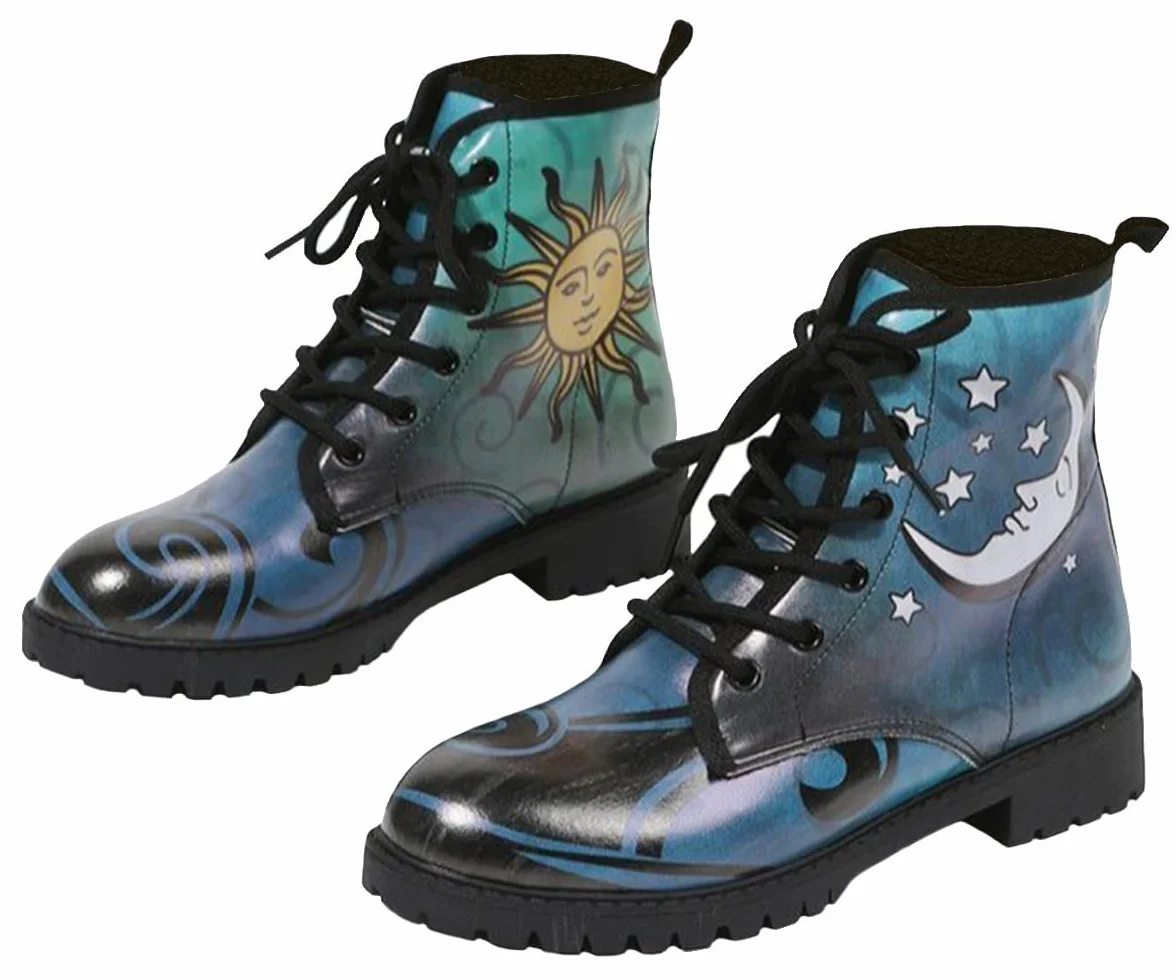 Ulalaza Bottes pour Femmes Bout Rond Talons Bloc Bottines Plateforme Gothique À Lacets Punk Bottes de Combat en Cuir Imprimé Multicolore