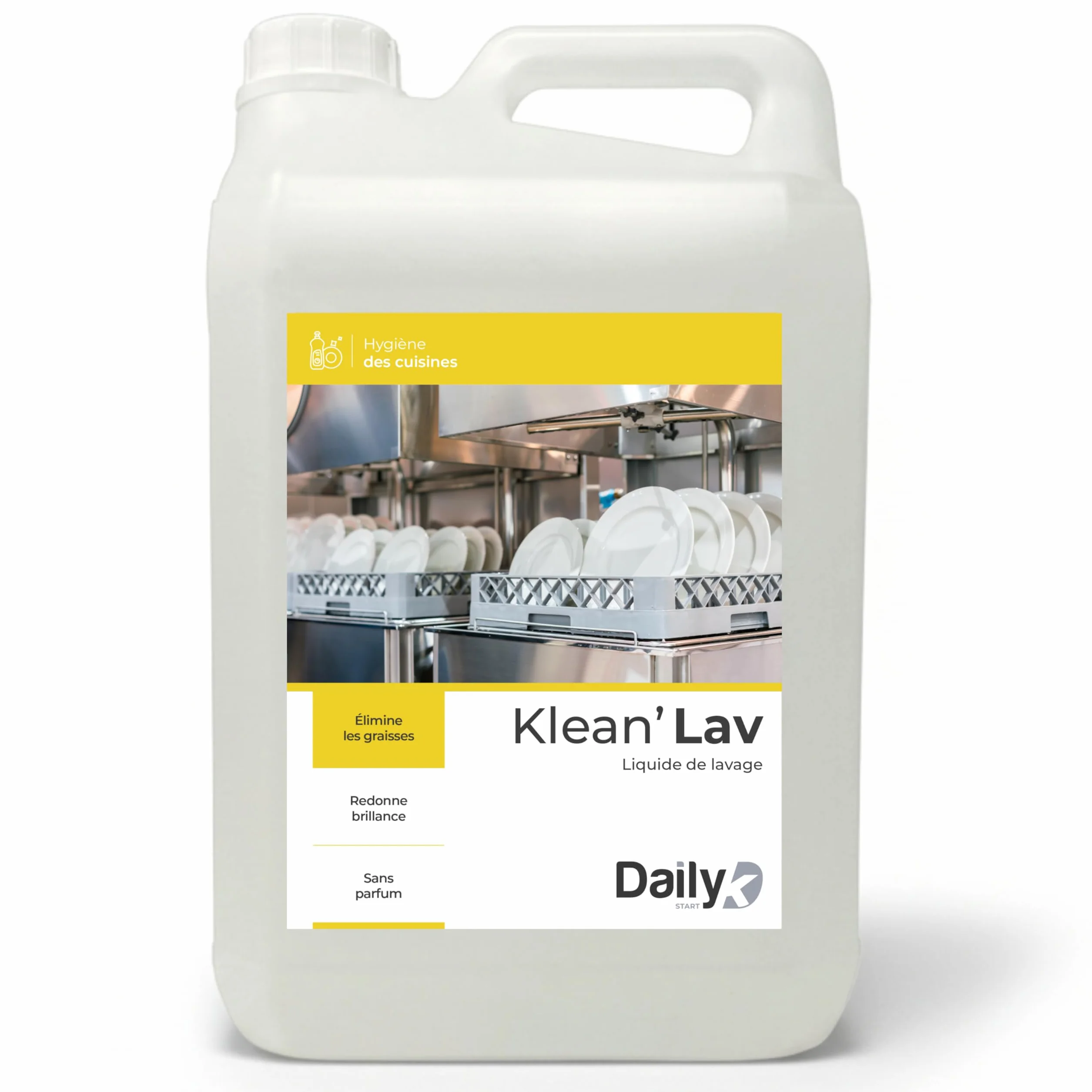 Liquide Lave-Vaisselle 5L - Nettoyant Vaisselle KLEAN’LAV en Bidon pour Doseur Automatique - Élimine Graisses, Sans Parfum - Grand Format Économique pour Usage Intensif - Made in France
