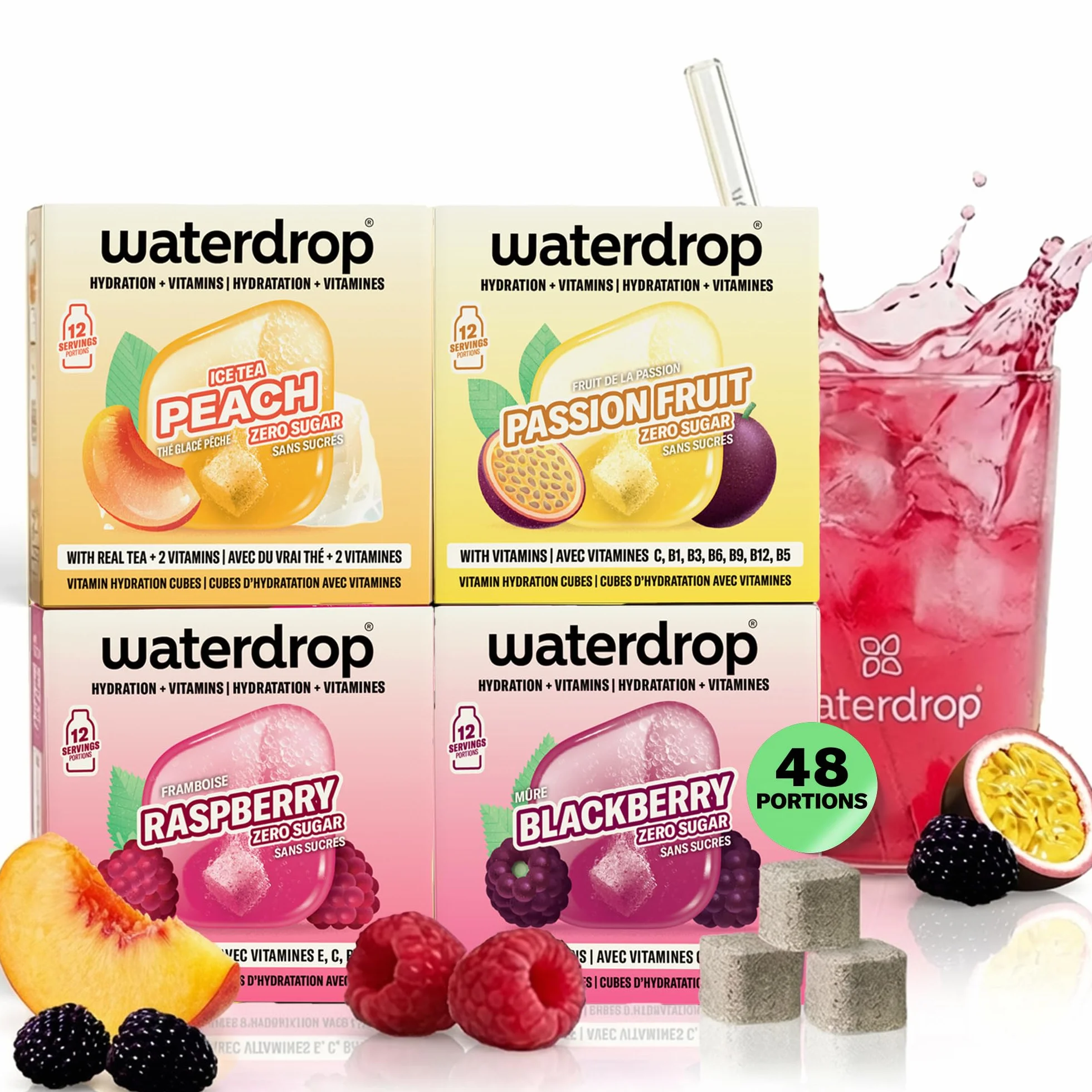 waterdrop® Coffret Microdrink | 48 waterdrop boisson en cube effervescente en 4 saveurs | Extraits naturels de fruits et de plantes | Avec vitamines | Boisson sans sucre | Eau aromatisée en pastille