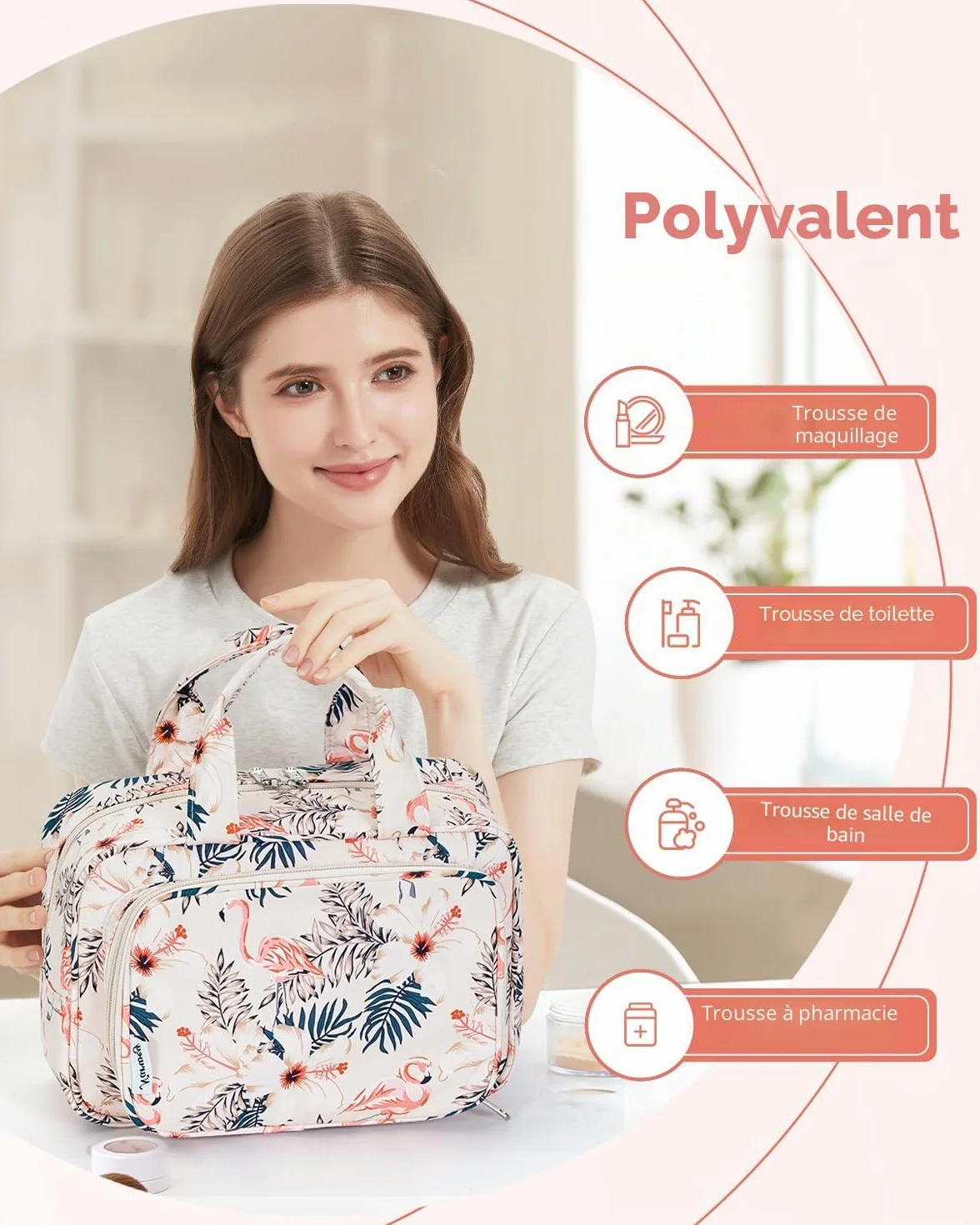 Narwey Trousse de Toilette Grande Femme Sac de Voyage Maquillage Organisateur Flamant