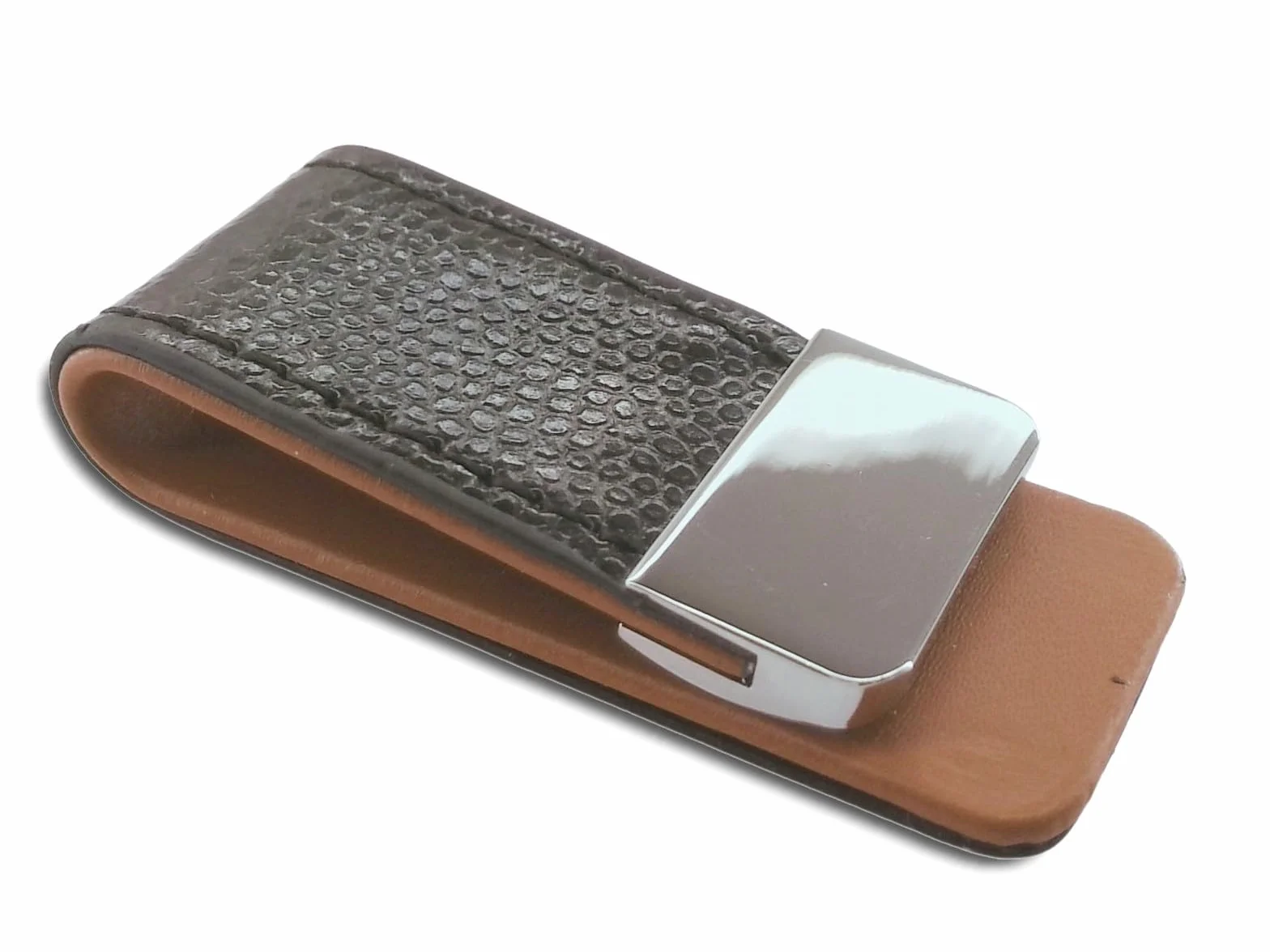Pince à billets en cuir acier inoxydable Noir marron 55mm x 25mm