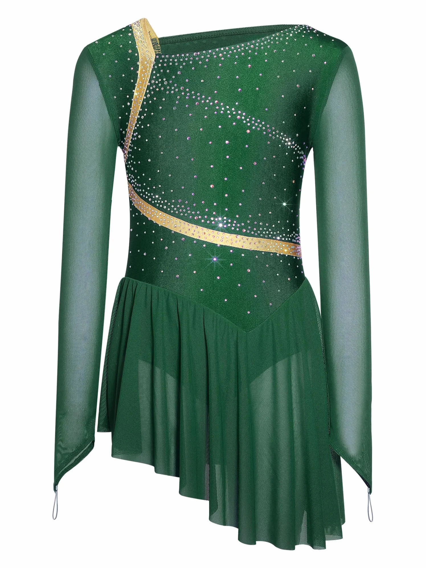 Tenue Patinage Artistique Fille Enfant Ado Robe Manches Longues Strass Justaucorps Asymétrique Danse Costume