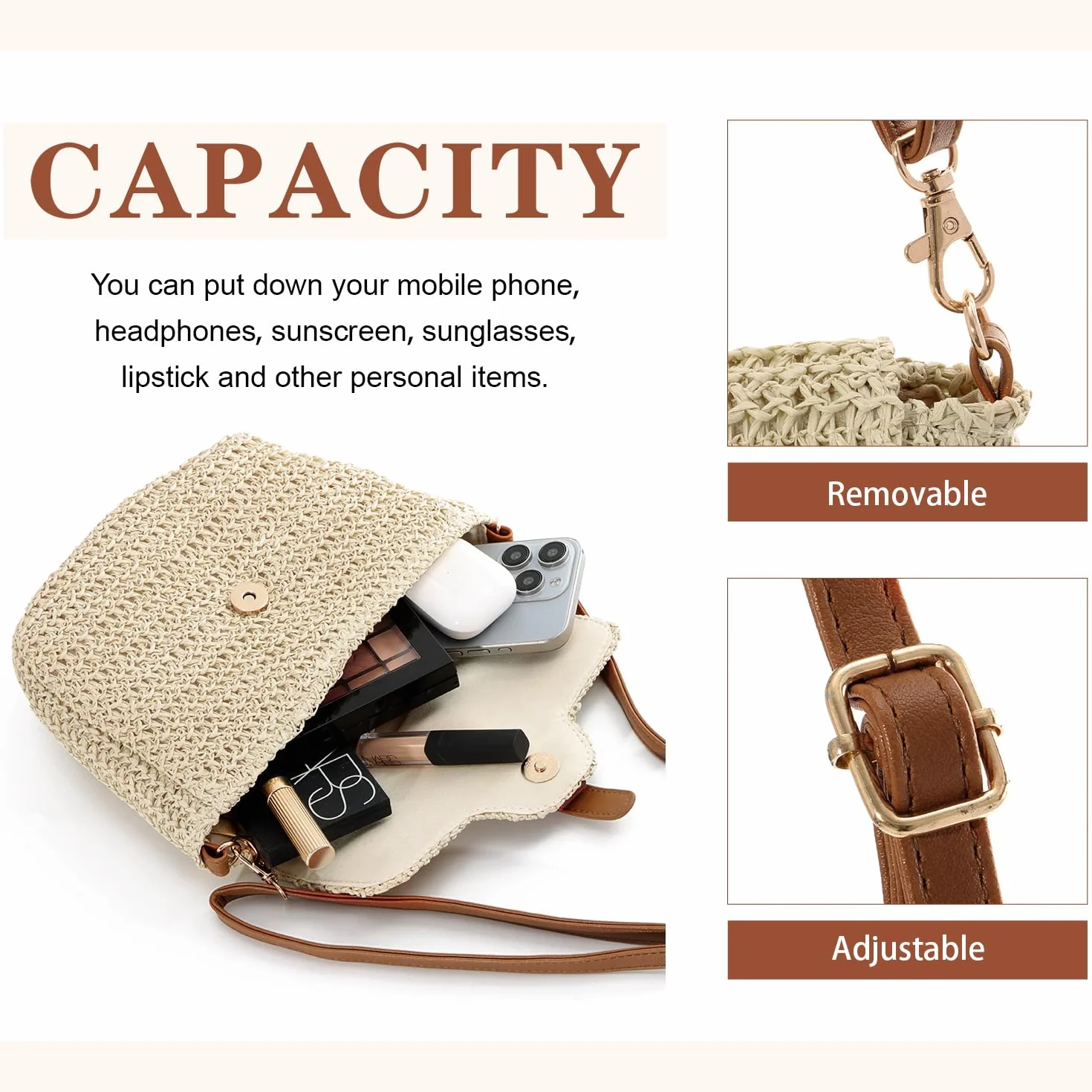 Sac à Bandoulière en Paille Beige pour Femmes - Boucle de Plage Tissé