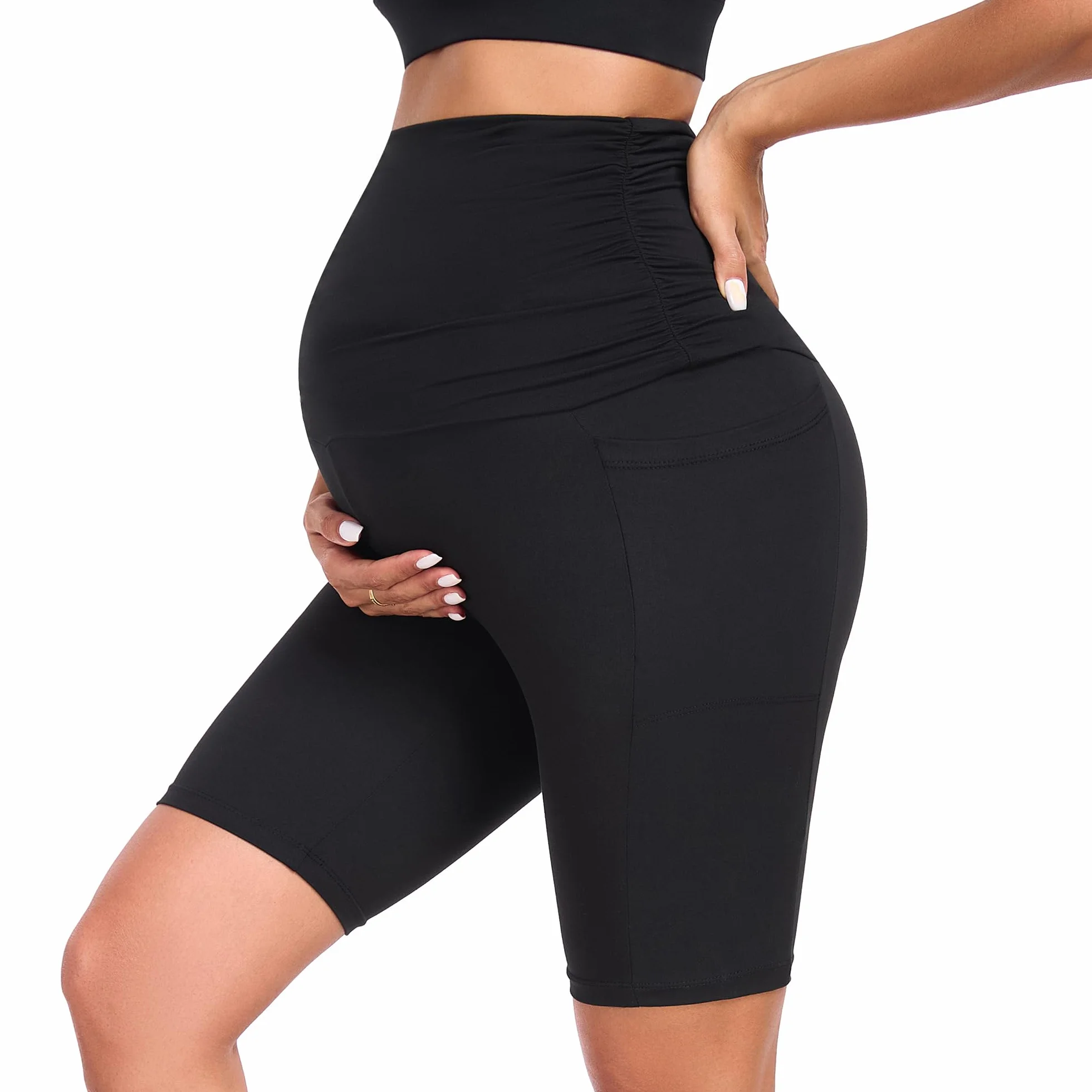Short de maternité sur le ventre avec poches pour femme - Legging de grossesse actif extensible
