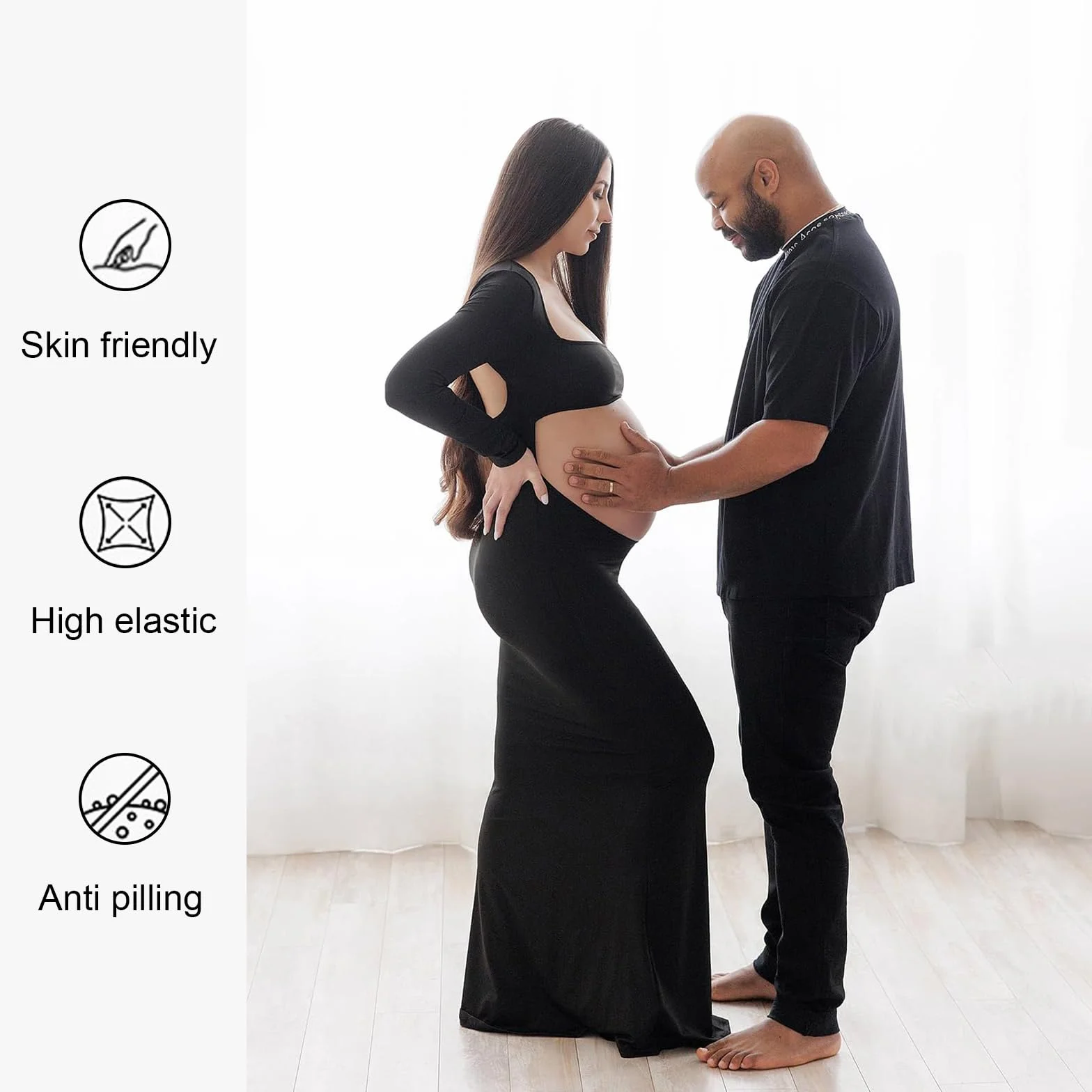 Robe de Maternité Manches Longues Robe Grossesse Photo Dos Nu Col Carré Découpe Sexy Robe Maxi Enceintes